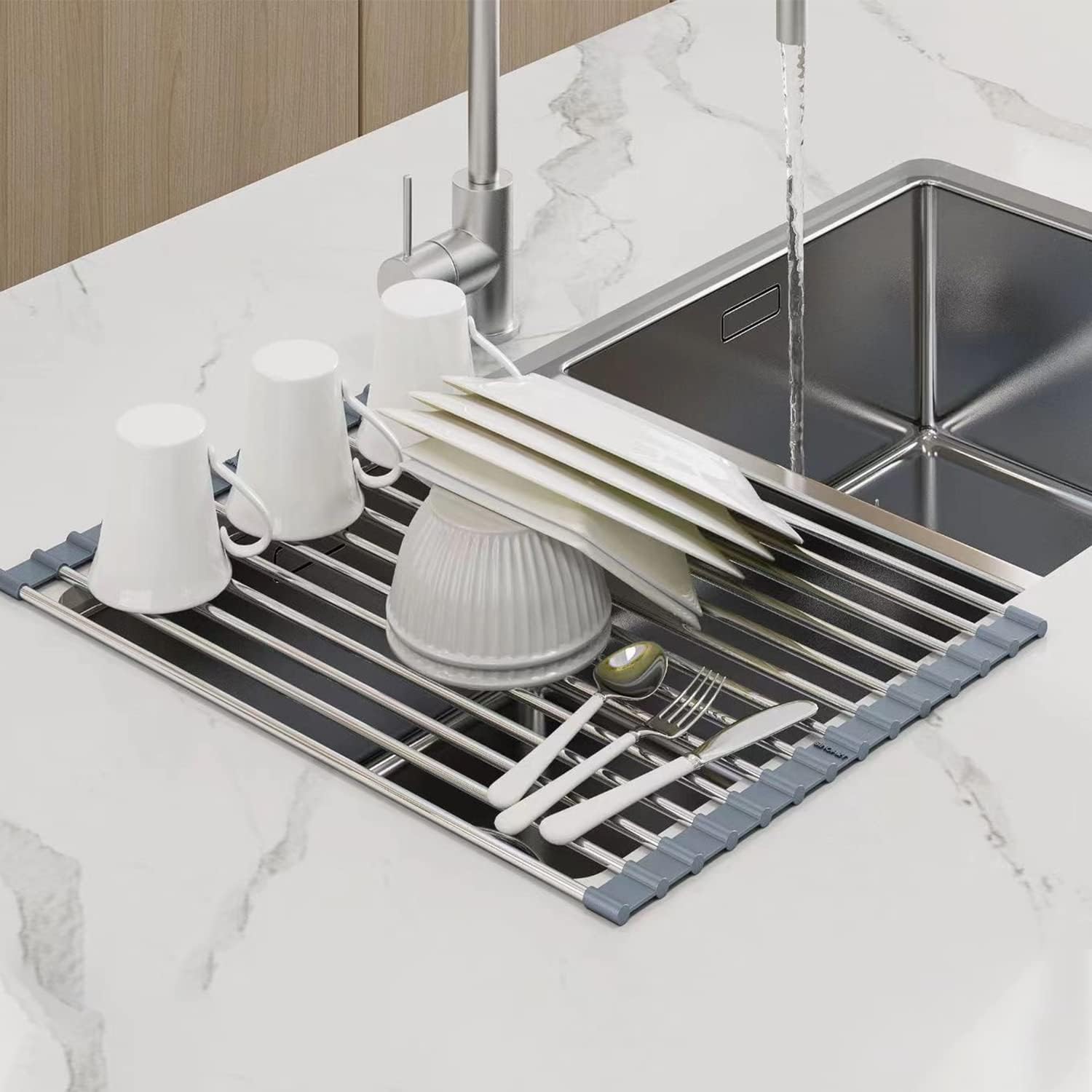 Tacka na sztućce ze stali nierdzewnej, teleskopowa składana tacka na sztućce, idealna do owoców, warzyw i naczyń, stal nierdzewna pokryta silikonem