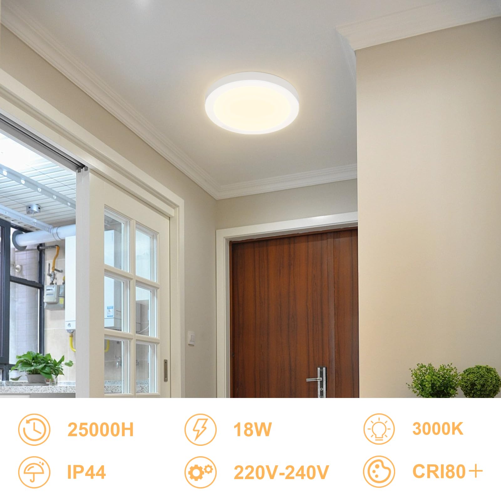 ZMH Plafonnier LED plat 18 W pour salle de bain - Lot de 2 Blanc chaud rond 3&nbsp;000 K IP44 - Lampe d'intérieur pour couloir Ø 23 cm - Moderne - 4