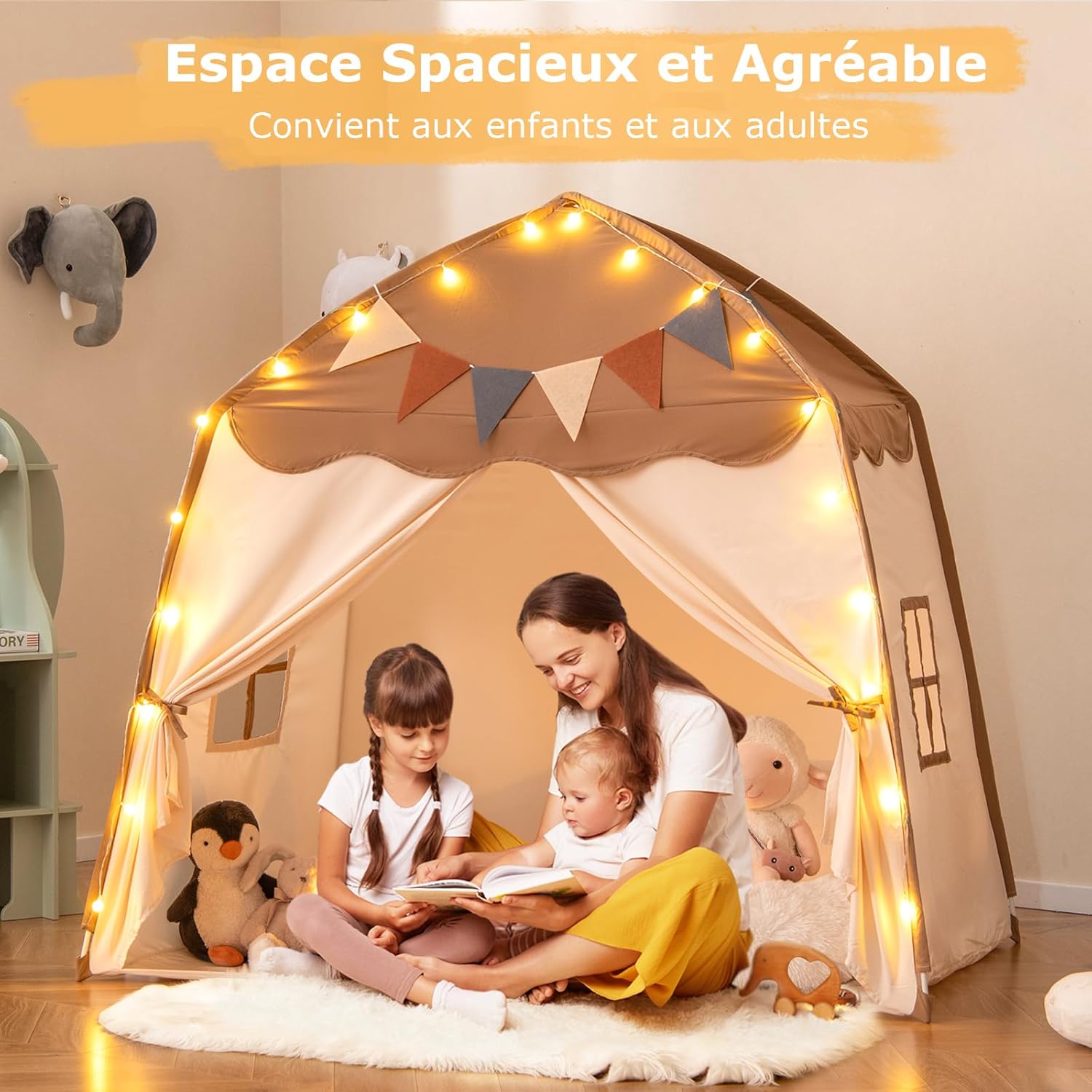 Tenda per bambini grande, casetta da gioco per bambini da interno ed esterno con luci, bandiere, 2 porte, 2 finestre, tenda indiana lavabile in lavatr - 3