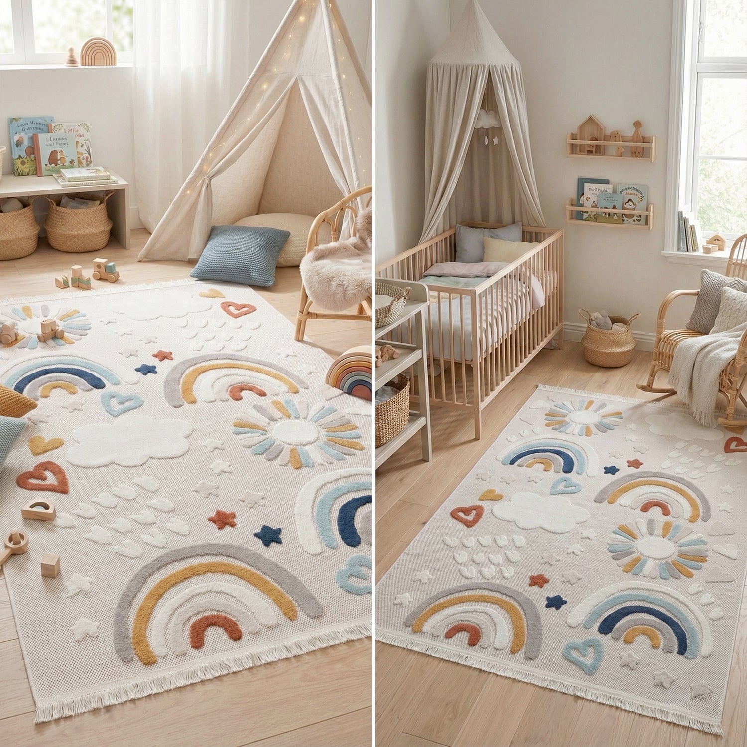 RUGURA - Tappeto per bambini per cameretta ragazzi con nuvole, stelle, arcobaleni e animali 230x160 cm turchese ocra blu - 7