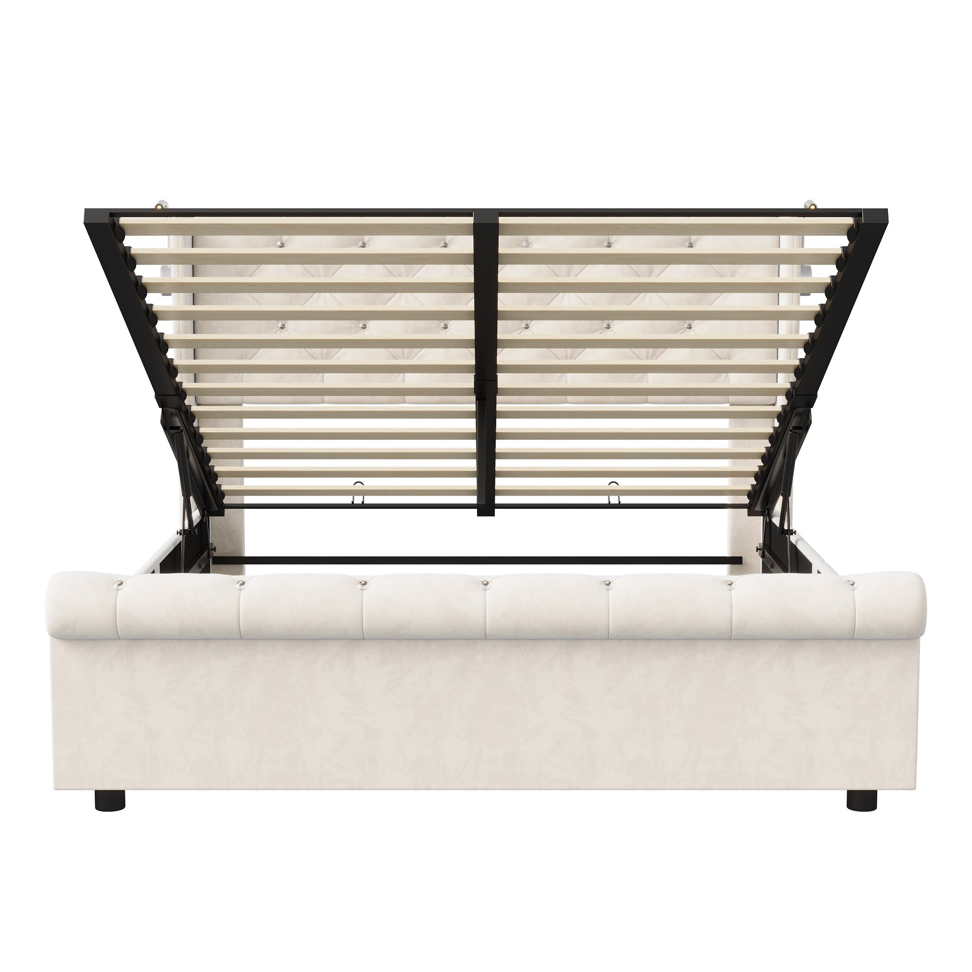 Lit coffre 140x190 velours beige, tête de lit avec LED et port USB, sommier à lattes inclus, rangement hydraulique à vérins, chambre adulte - 10