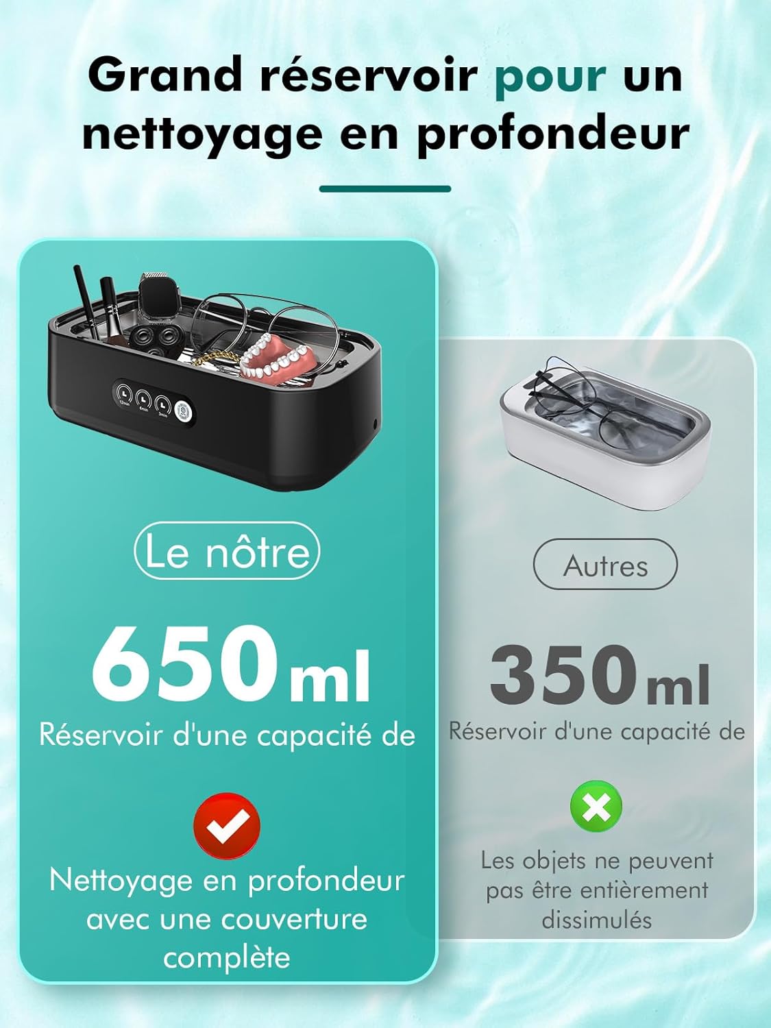 Nettoyeur à ultrasons, 48 ​​kHz, 650 ml, à une touche, adapté au nettoyage des lunettes, bijoux et prothèses dentaires - 4