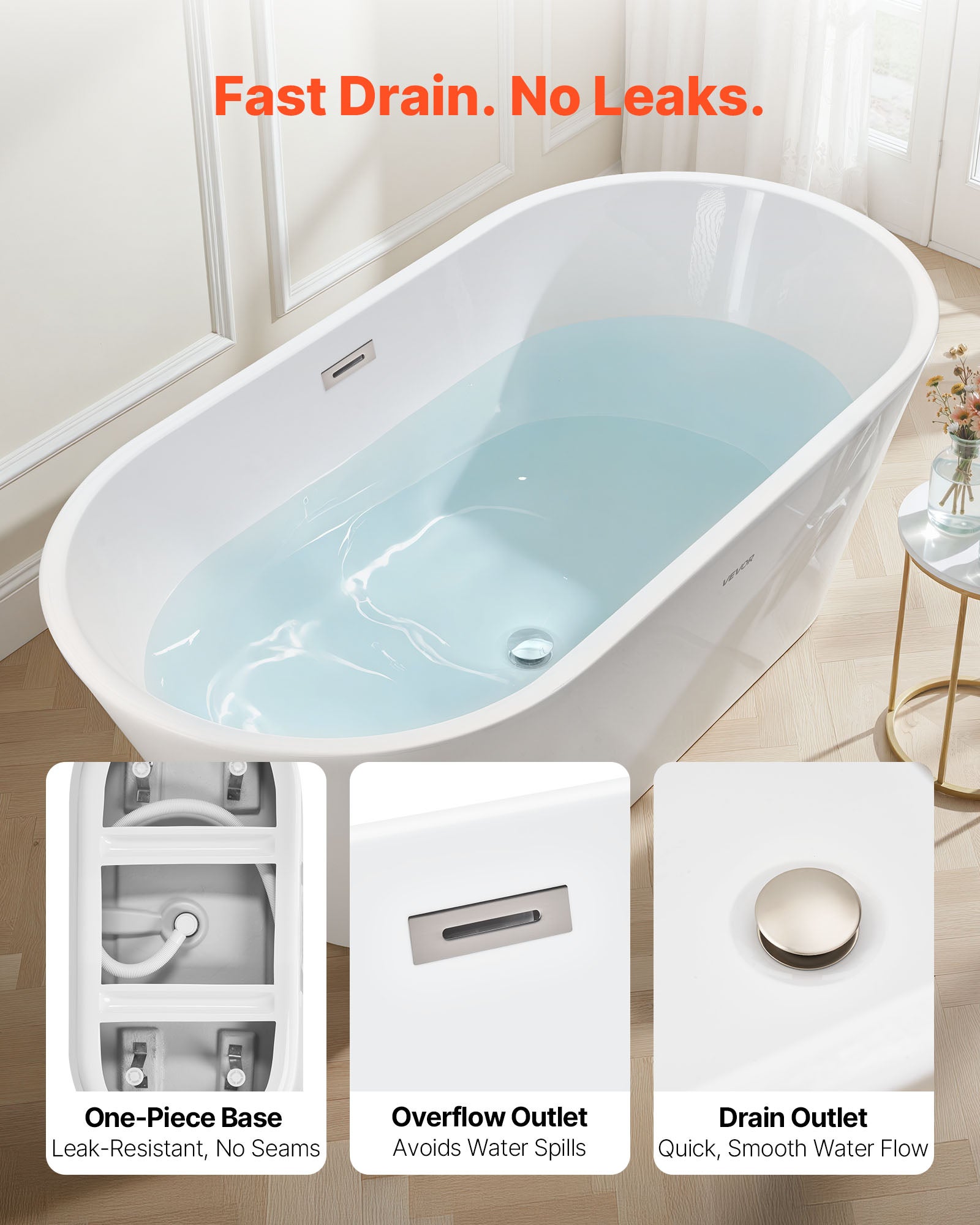 Bañera Autoportante VEVOR de Acrílico 150x75 cm, Bañera Isla Moderna 230 L con Rebosadero y Desagüe Níquel Cepillado, para Baño Relajante, Blanca - 4