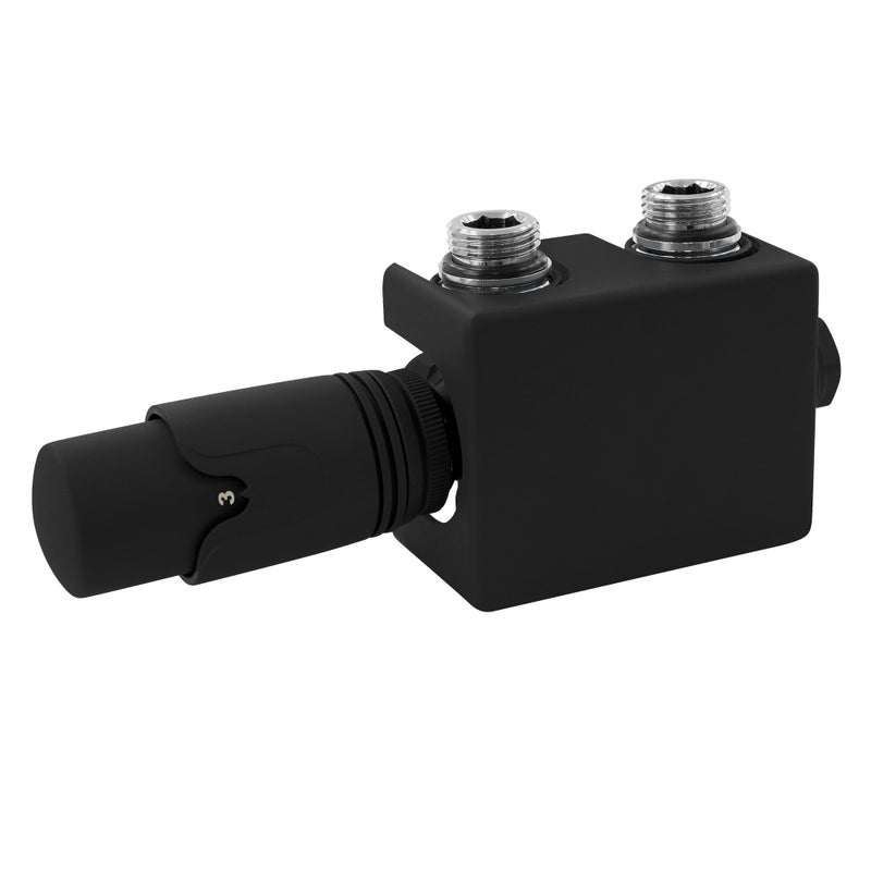 LuxeBath zestaw armatury zaworowej multiblock czarny kątowy i przelotowy z głowicą termostatyczną do grzejników łazienkowych z przyłączem środkowym