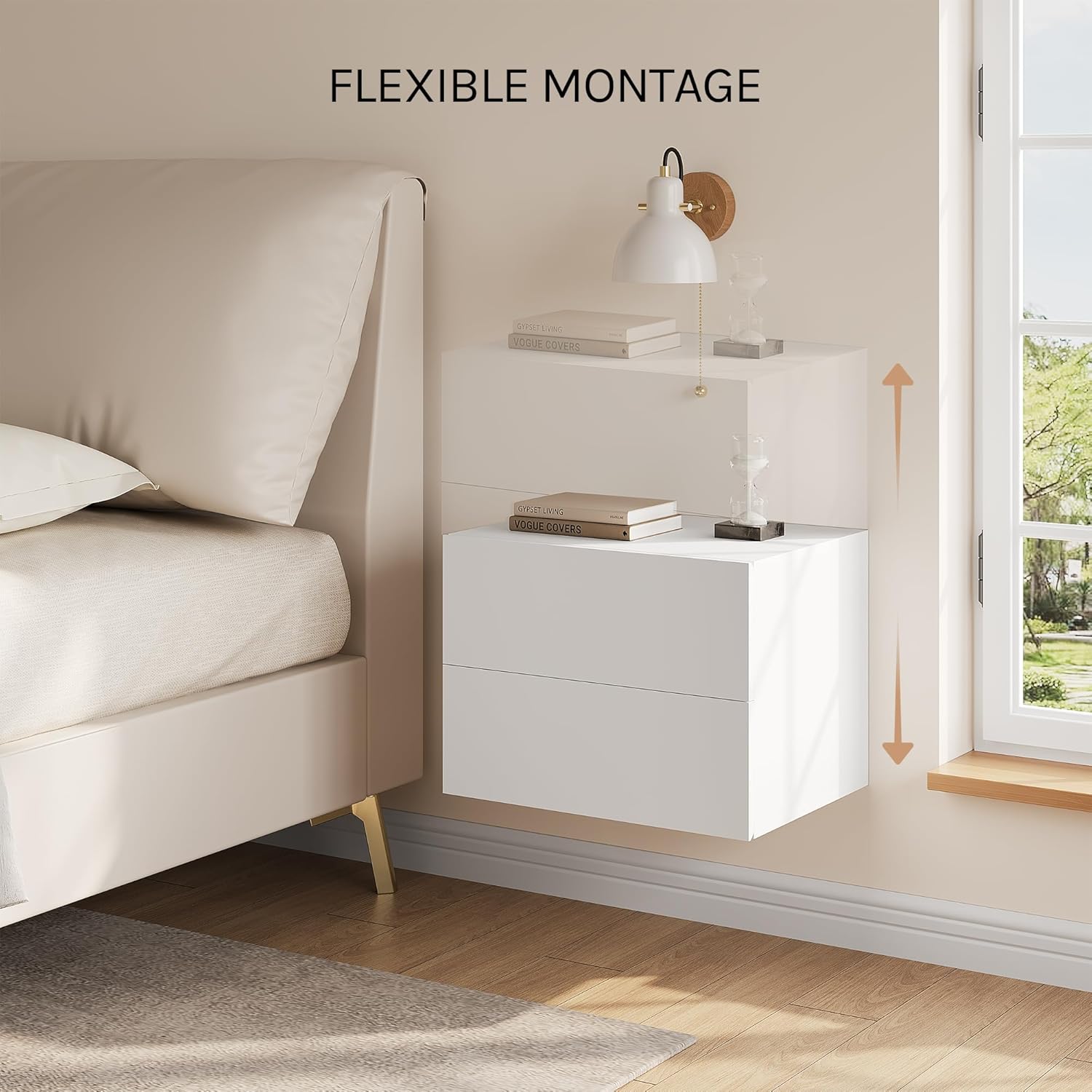 Lot de 2 Table de Chevet Suspendue WOLTU, Table de Chevet Murale avec Tiroir, Mobilier de Chambre en Bois, 40x30x30 cm, Blanc - 5