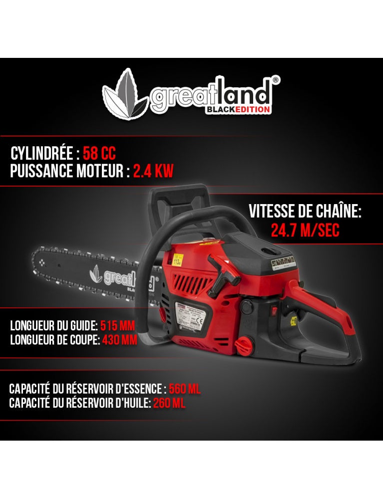 Tronçonneuse thermique 58cc - guide 51.5cm - Greatland black edition - 2