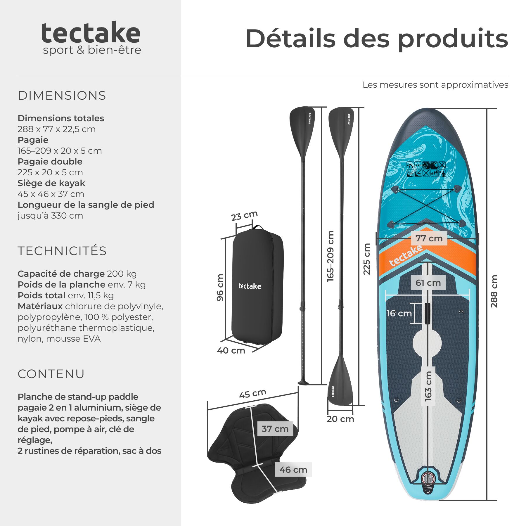 prancha de stand-up paddle 2 em 1 en pvc 288 x 77 x 22,5 cm assento de caiaque remo a, turquesa/laranja TECTAKE - 6