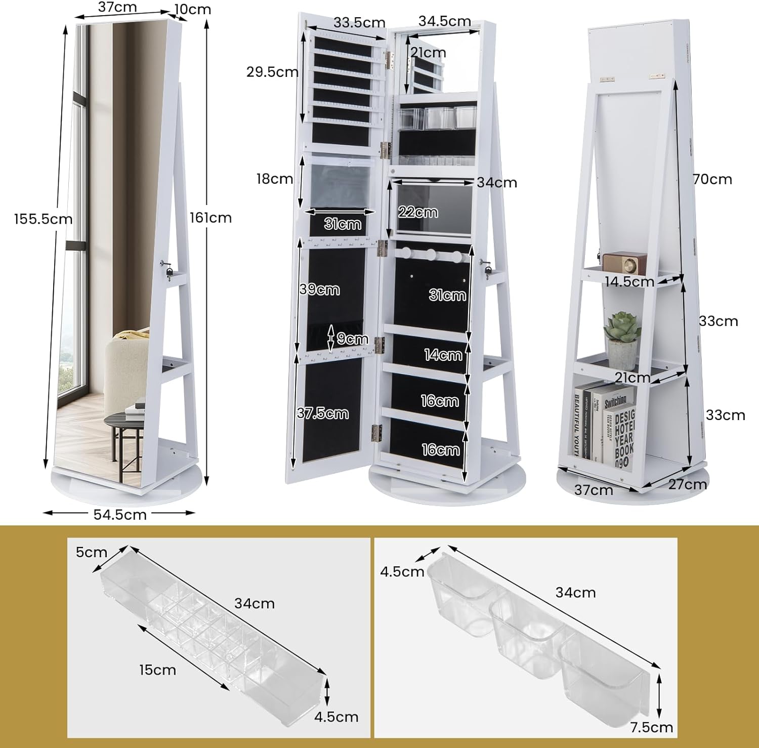 Armadietto per Gioielli Girevole a 360°, con Specchio a Figura Intera Luce a LED a 3 Colori, Specchio Interno per il Trucco con Serratura, 54,5x 54,5 - 9