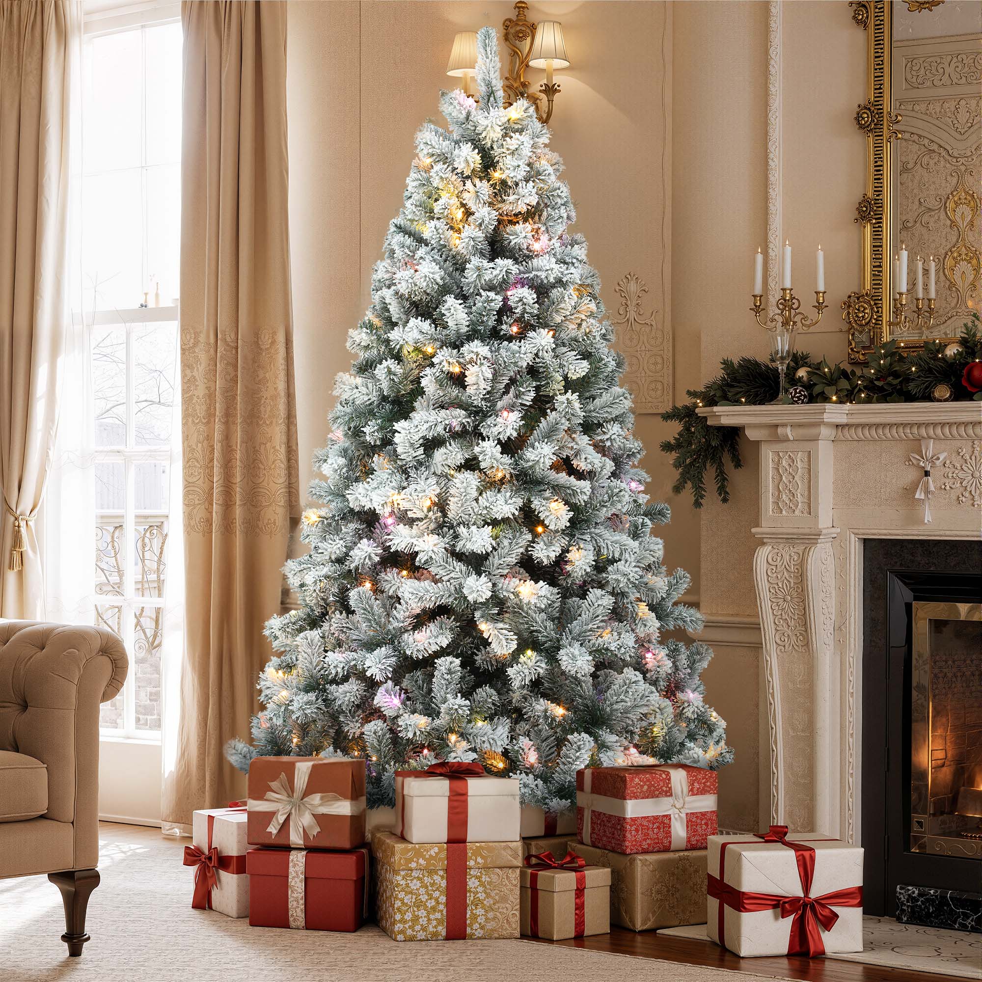 Sapin de Noël Artificiel 225cm à Flocons de Neige Balconera 550 LED, 1346 Branches, avec Support en Métal Pliable, Décoration de Fête - 2