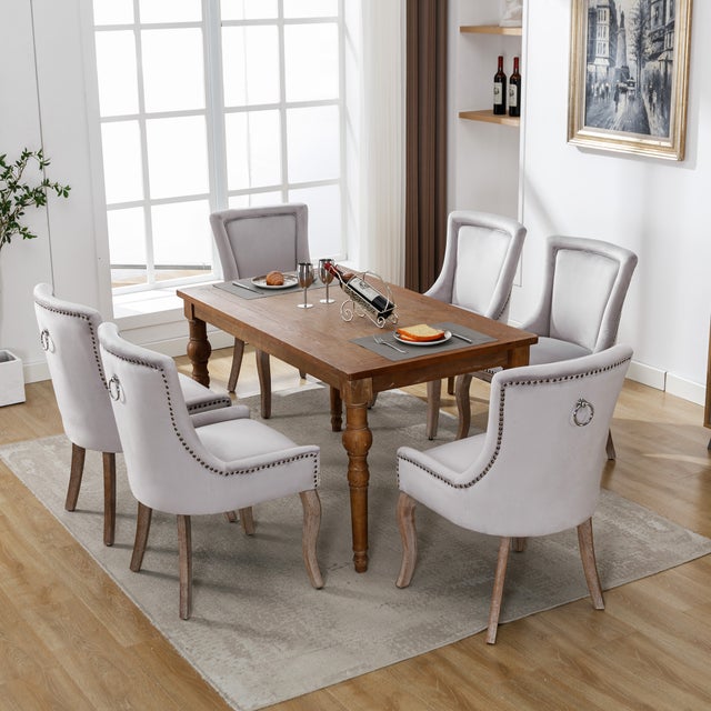 Zestaw 6 luksusowych krzeseł do jadalni - Aksamit i lite drewno - Ozdoba w formie nitów - Szary