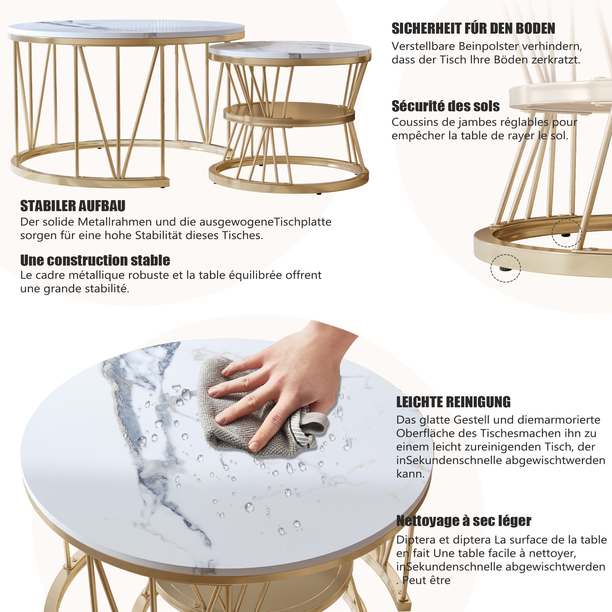Ensemble de 2 Tables Basses Rondes, Tables Gigognes de Salon Modernes avec Pieds en Métal Doré, Blanc et Or(70 x 45cm) - 4
