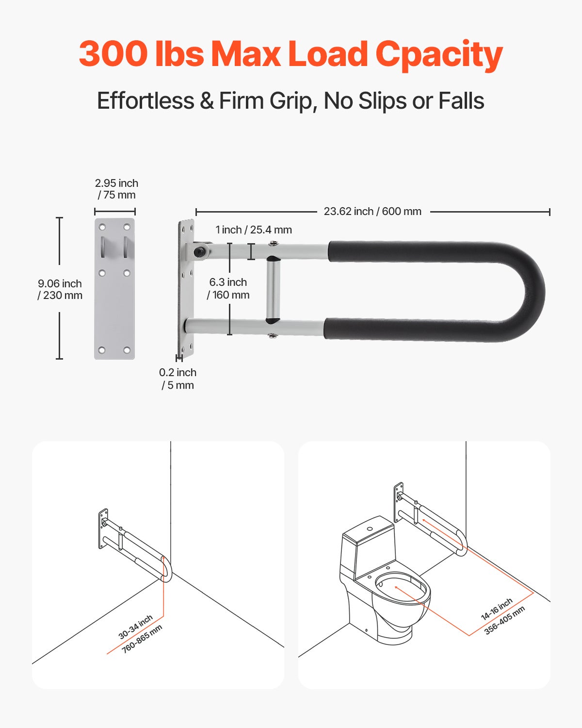 Barra di Supporto WC 605 mm,VEVOR Barra Pieghevole a U,Manico Antiscivolo,Capacità di Carico 136 kg,per Disabili,Anziani,Donne Incinte - 2