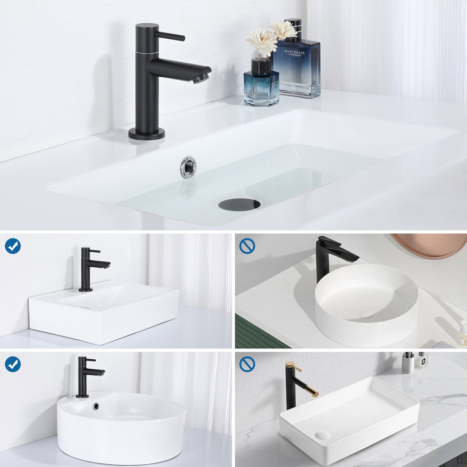 Cecipa max Robinet de lave-main Robinet de Lavabo, Robinet eau Froide, Robinet de Lavabo Noir, Avec Aérateur Remplaçable,EU Modèle - 6