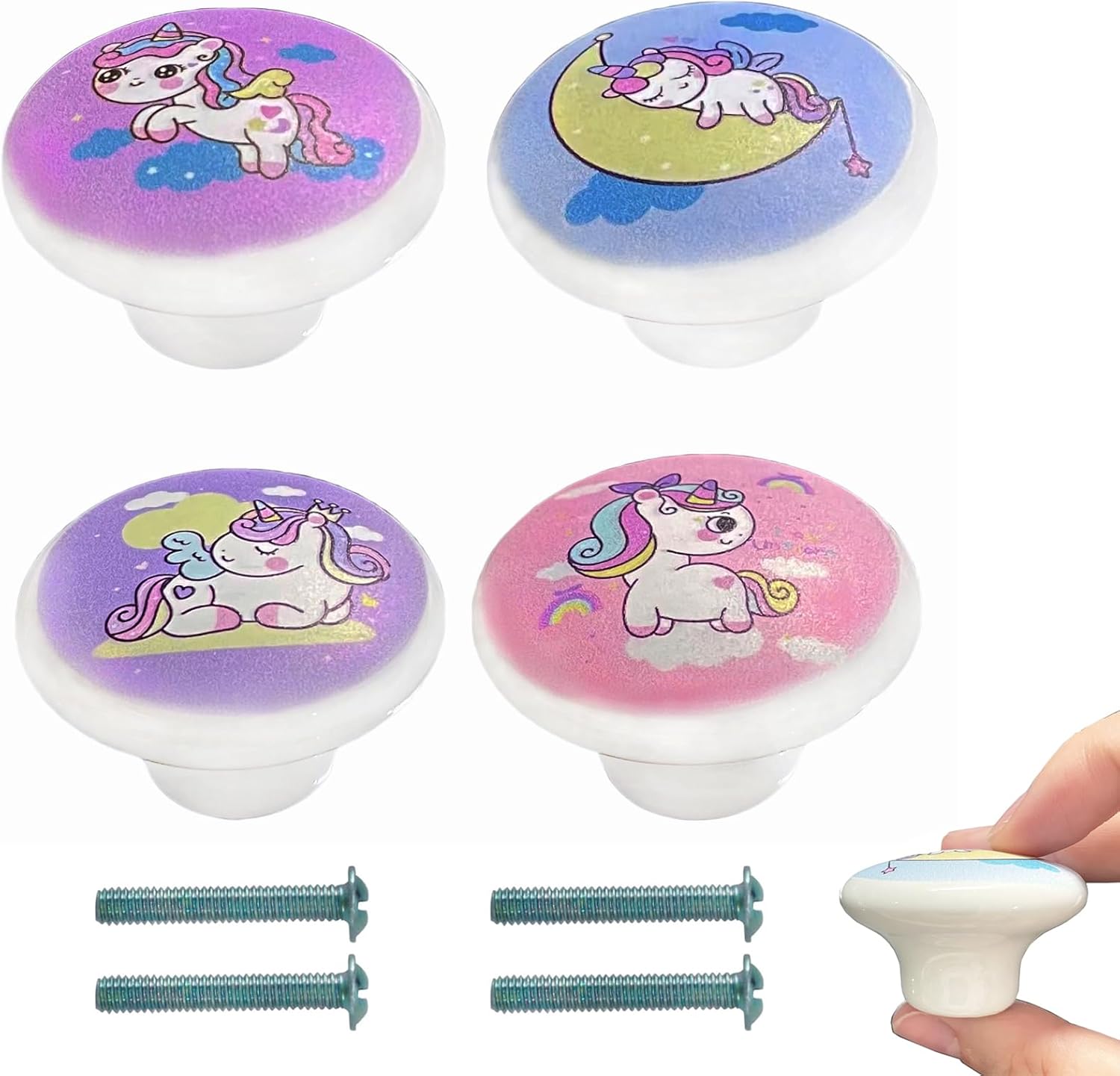 4-częściowy uchwyt do szafki kuchennej z jednorożcem, solidna porcelanowa gałka meblowa, okrągła gałka do szuflady w kształcie zwierzęcia, uchwyt do s