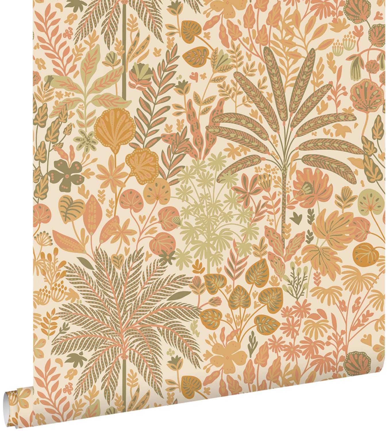 Papel pintado hojas y flores tropicales naranja y verde oliva agrisado - 50 x 900 cm - estahome