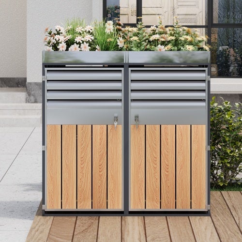 Contenedor con techo vegetal – para 2 cubos (120-240l), armario y cubierta para basura.