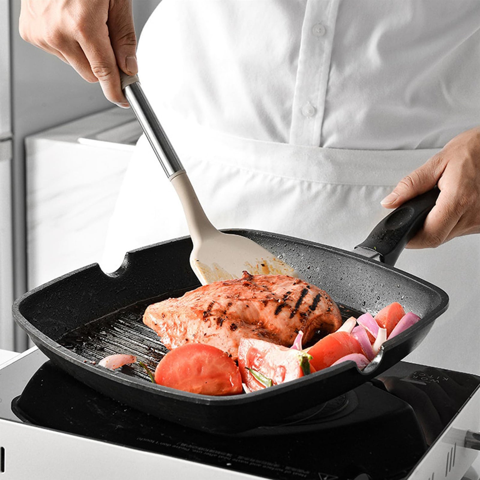 Set utensilios cocina 12 piezas silicona resistentes calor mangos ergonómicos antiadherentes beige - 4