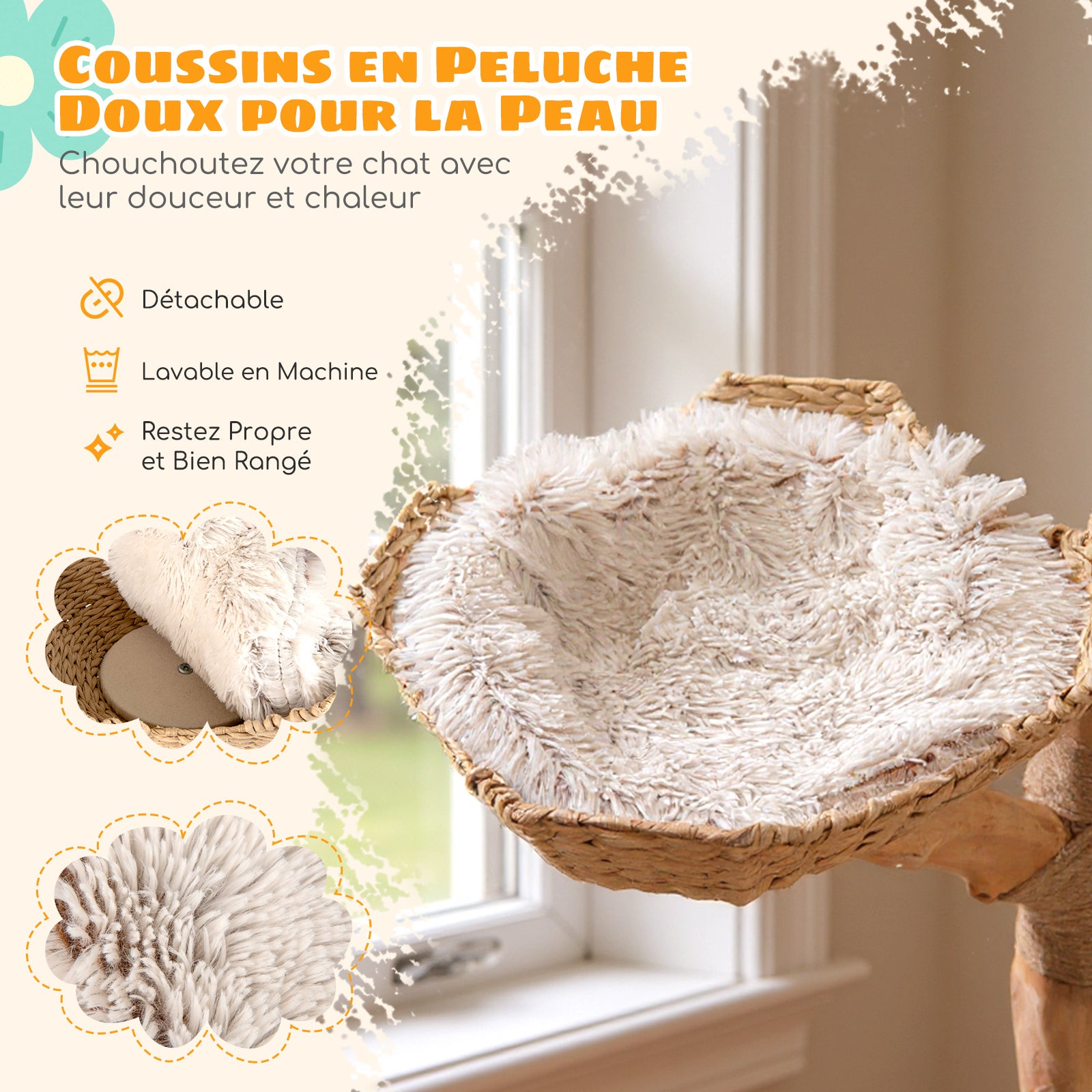 Arbre a Chat XXL 122 cm, Arbre a Chat en Bois Massif, 2 Paniers en Rotin, 2 Plateformes, Poteau à Griffer en Jute, Tour pour Chaton, Pompon Suspendu - 5