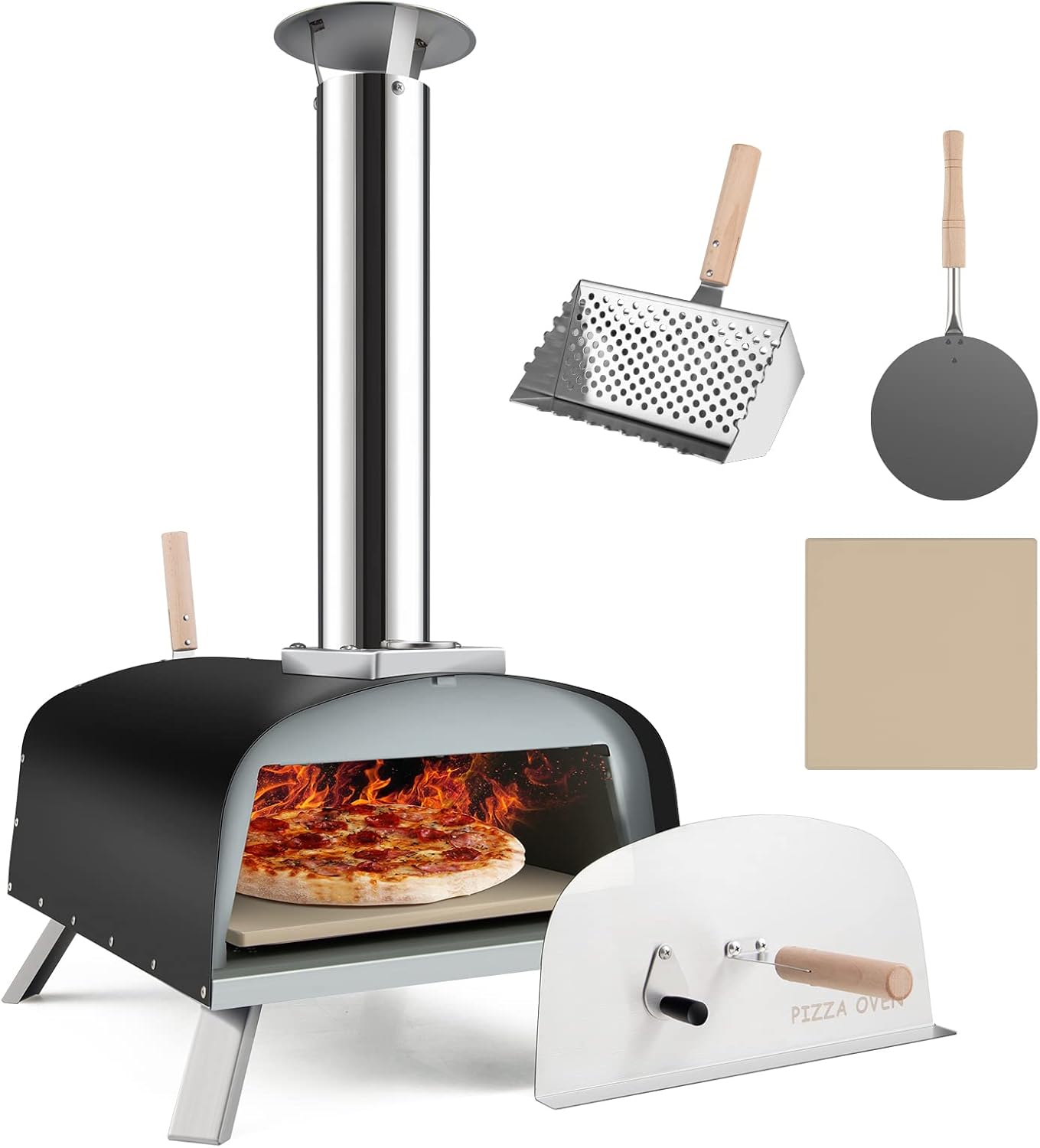Piec do Pizzy na Drewno do Użytku na Zewnątrz, Składane Nóżki, Kamieniem do Pizzy o Średnicy 33 cm, Łopatka, Osłona Przeciwpożarowa, Wyjmowany Komin