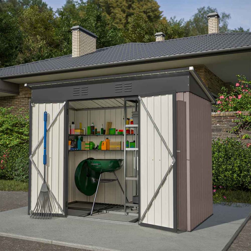 Metalowa szopa ogrodowa 8x4 FT – odporna na warunki atmosferyczne zewnętrzna szopa z metalowym fundamentem, do ogrodu, na patio i na rowery, brązowa