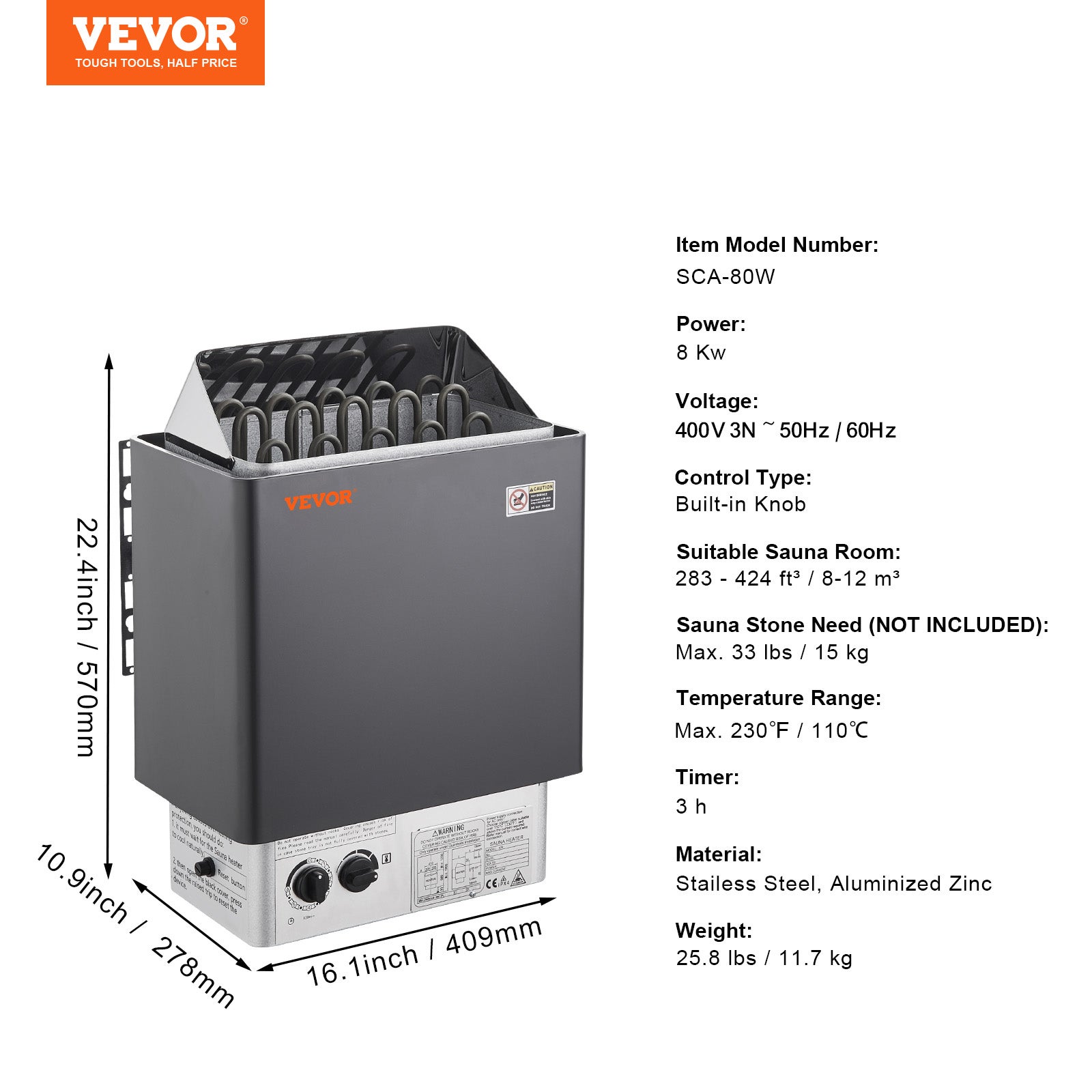 Poêle sauna VEVOR, inox, 8 kW 400 V 3N, minuterie 3 h, 110 °C, pour 8–12 m³, usage spa/hôtel, pierres non incluses - 7