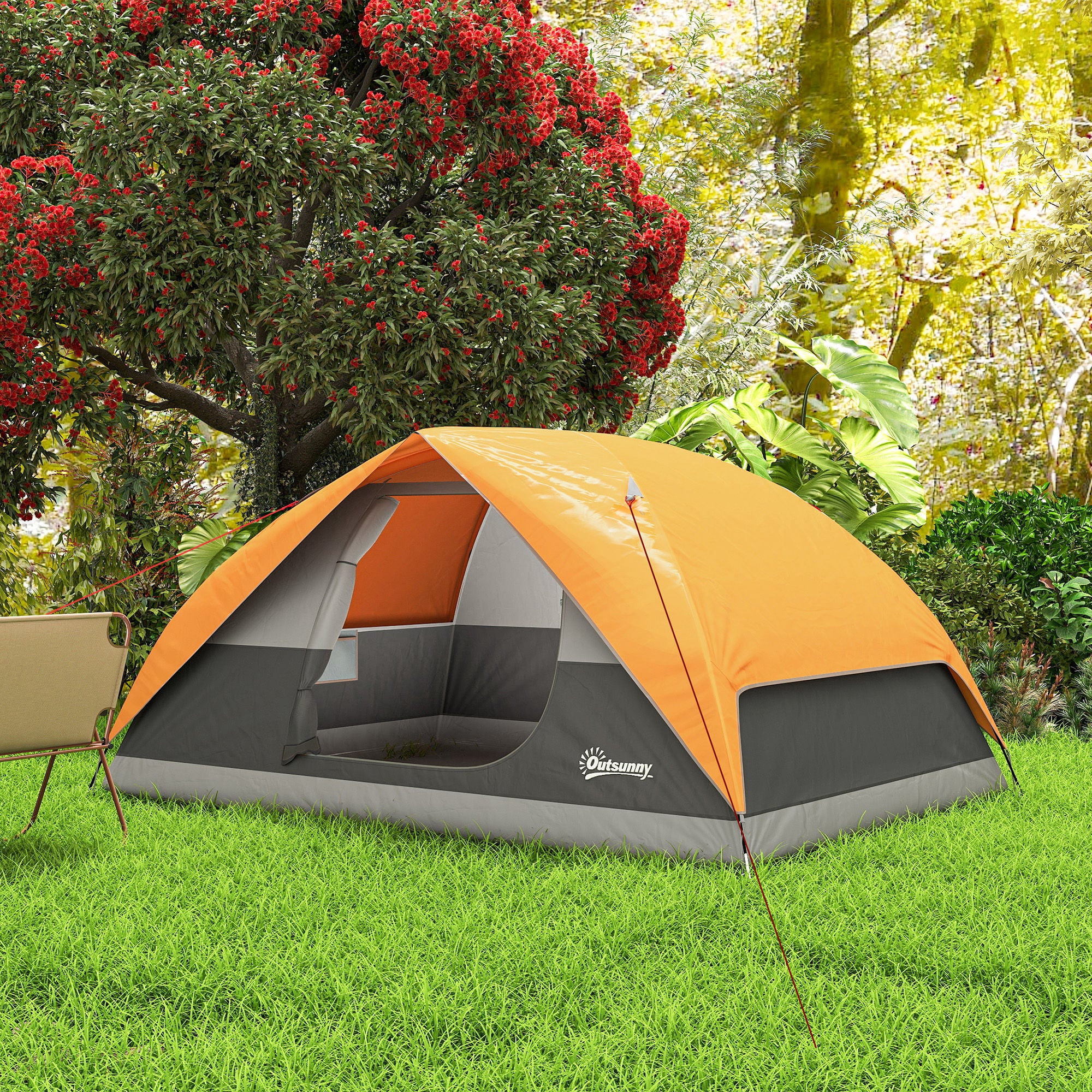 Tenda Da Campeggio Outsunny Per 3 Persone - Impermeabile 3000mm, Cupola, Con Pavimento, Tasche E Gancio Per Lanterna - Ideale Per Trekking E Famiglia