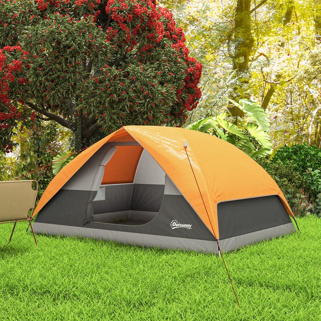 Tenda Da Campeggio Outsunny Per 3 Persone - Impermeabile 3000mm, Cupola, Con Pavimento, Tasche E Gancio Per Lanterna - Ideale Per Trekking E Famiglia