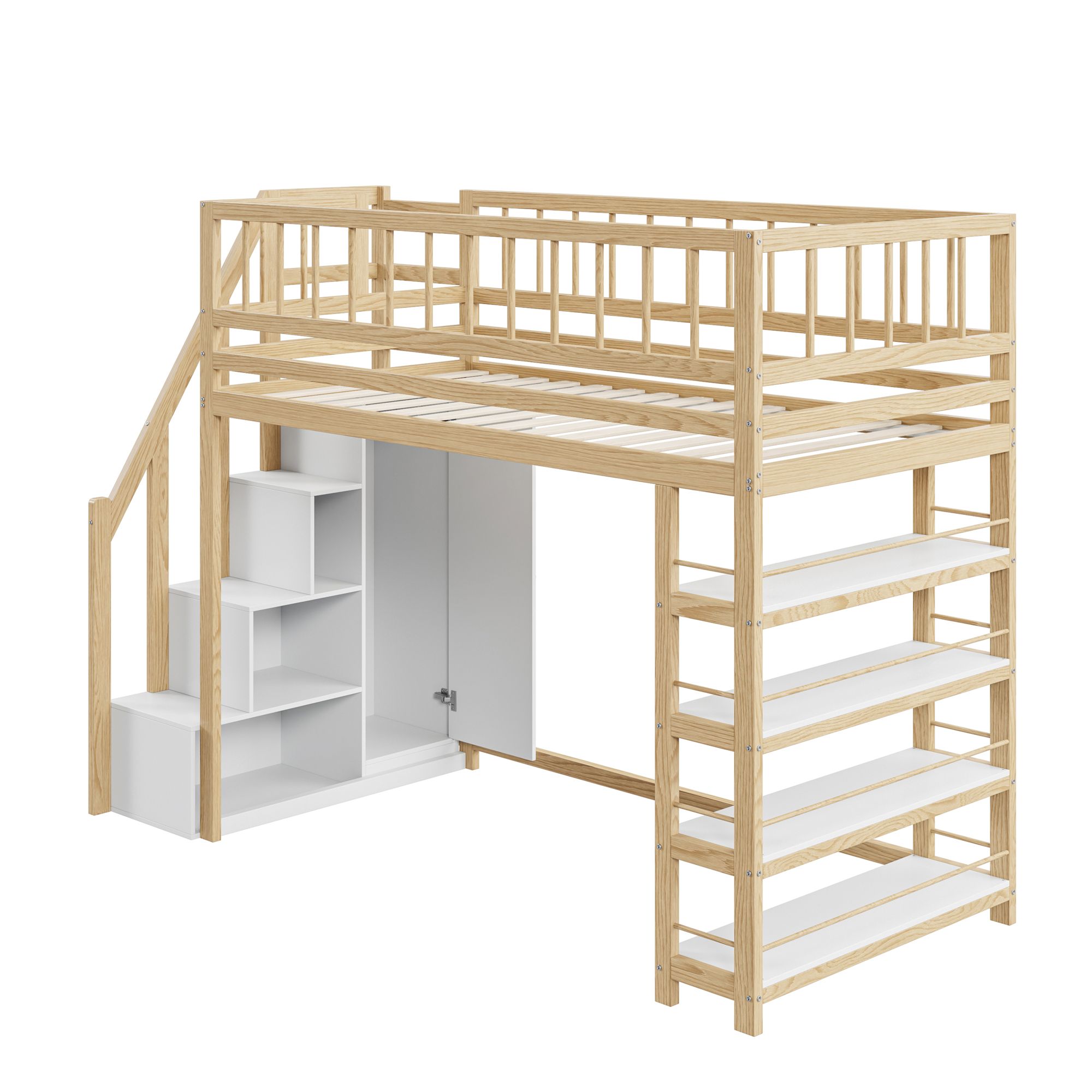 Lit superposé pour enfants 90 x 200, barrières hautes, avec armoire, échelle de sécurité, couleur bois d'origine - 4