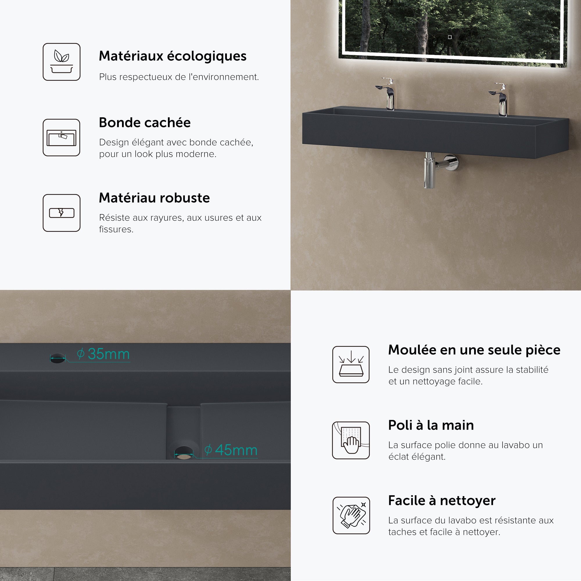 Lavabo Suspendu, Vasque à Poser, Lave-Mains Rectangulaire, 120cm, Gris Noir Mat, avec Cache Bonde, pour Salle de Bains, Colossum6028 doporro - 5
