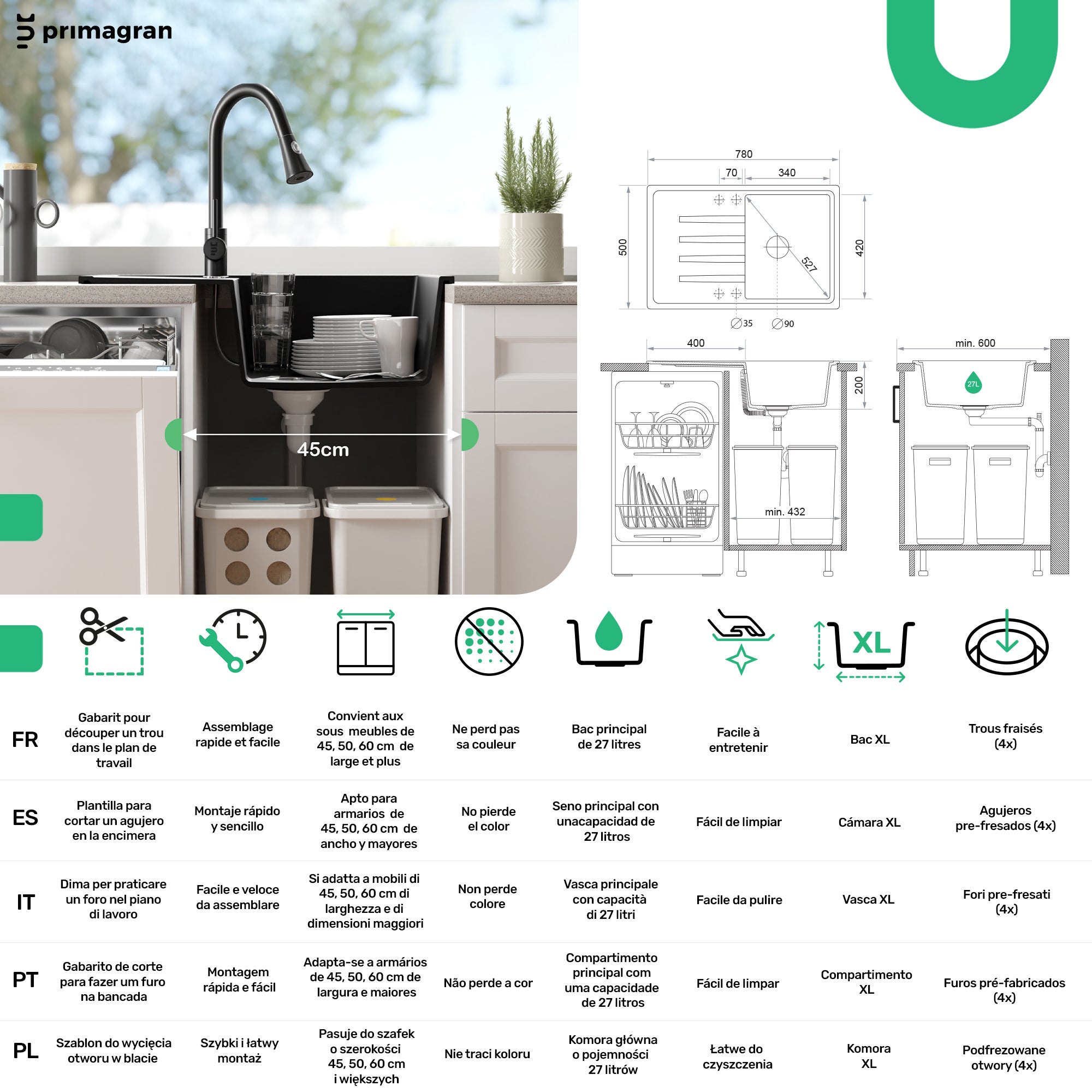 Evier Cuisine en Granit Tout Noir 78x50cm, Lavabo 1 bac + Robinet 32x20cm + Kit de Vidage, Évier à Encastrer au meuble 45cm - Milan PRIMAGRAN - 6