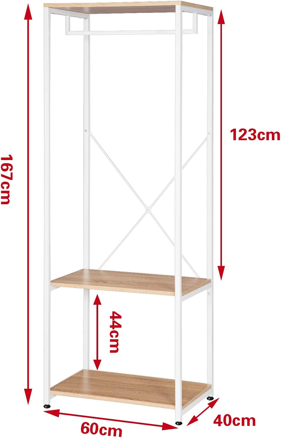 Armoire de rangement WOLTU, Étagère à vêtements, Portant à vêtements en métal et bois, 60 x 40 x 167 cm, Blanc+chêne clair - 4
