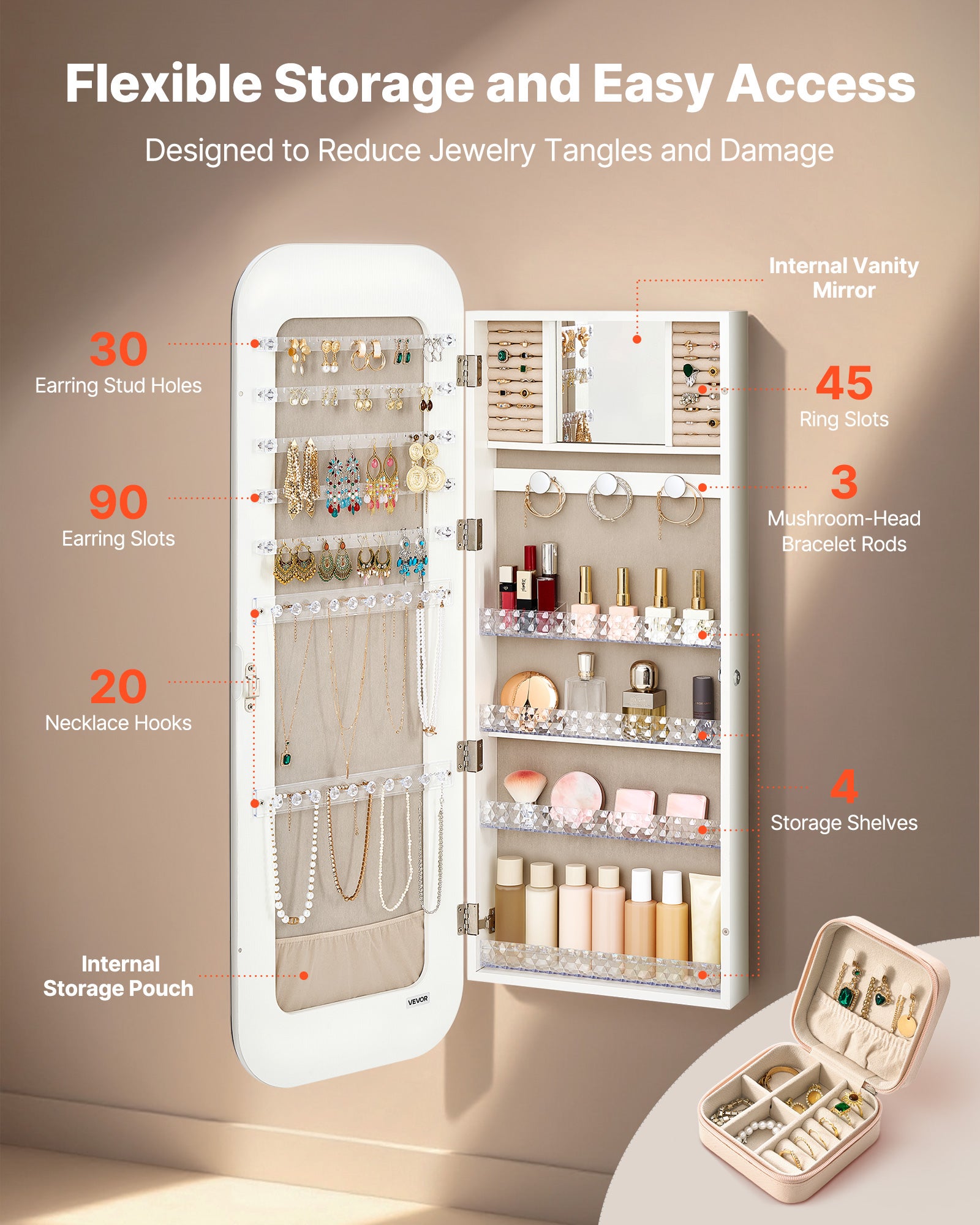 Armoire à Bijoux avec Miroir VEVOR 1080 mm, Organiseur Verrouillable Mural/Sur Porte avec 2 Clés & Compartiments de Rangement, Blanc - 3