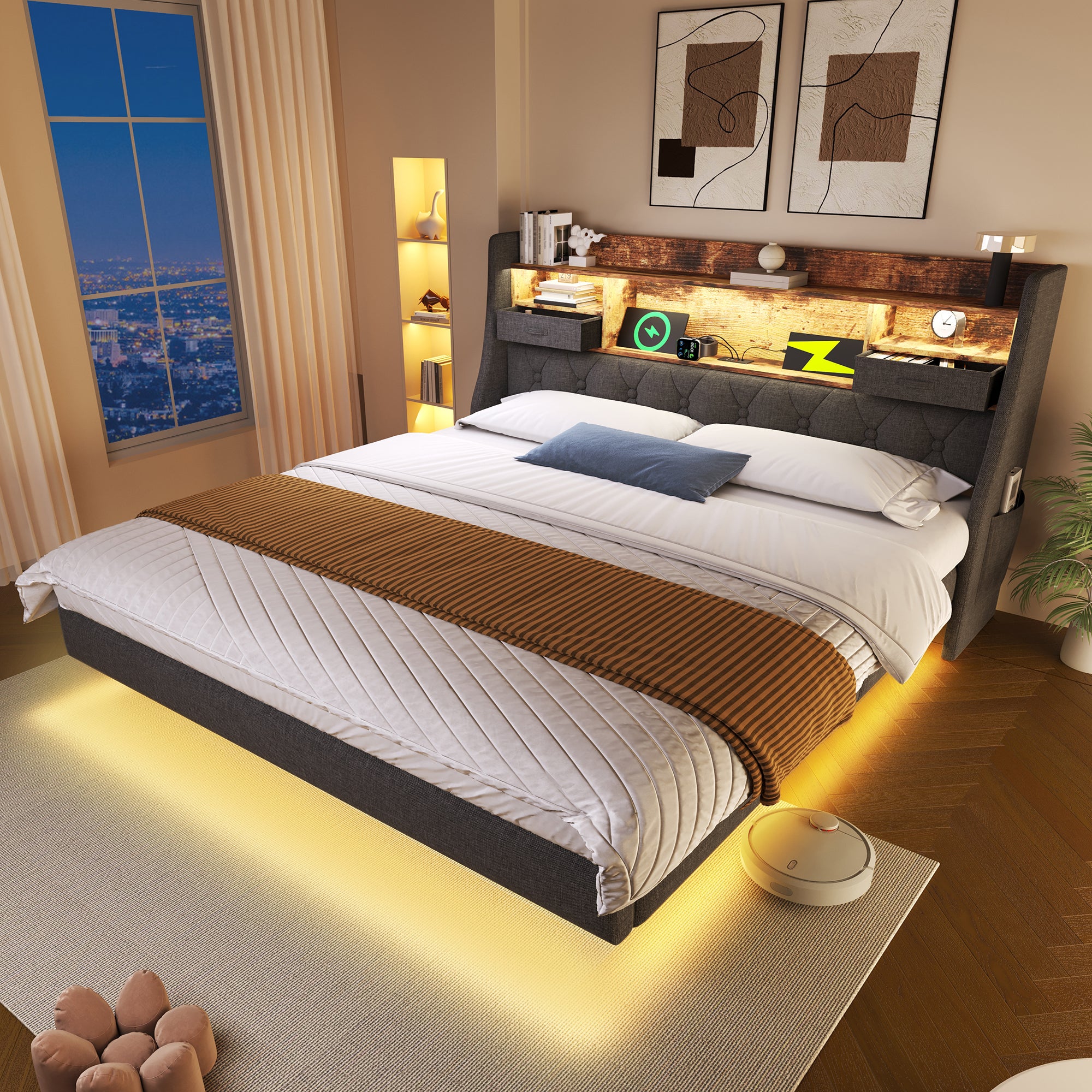 Lit 160x200 avec 1 Type-C 3 Ports USB et LED, Lit Double Flottant avec tête de de Rangement et sommier à Lattes, Lin Gris (Sans Matelas) - 5
