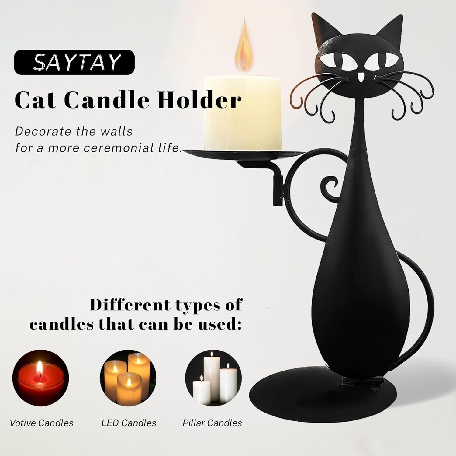 OFILLES Portacandele a forma di gatto nero per candele a pilastro, set di 2 candele senza fiamma, stile retrò, rustico, per casa, decorazione gatto, decorazione per centrotavola, tavolo da pranzo