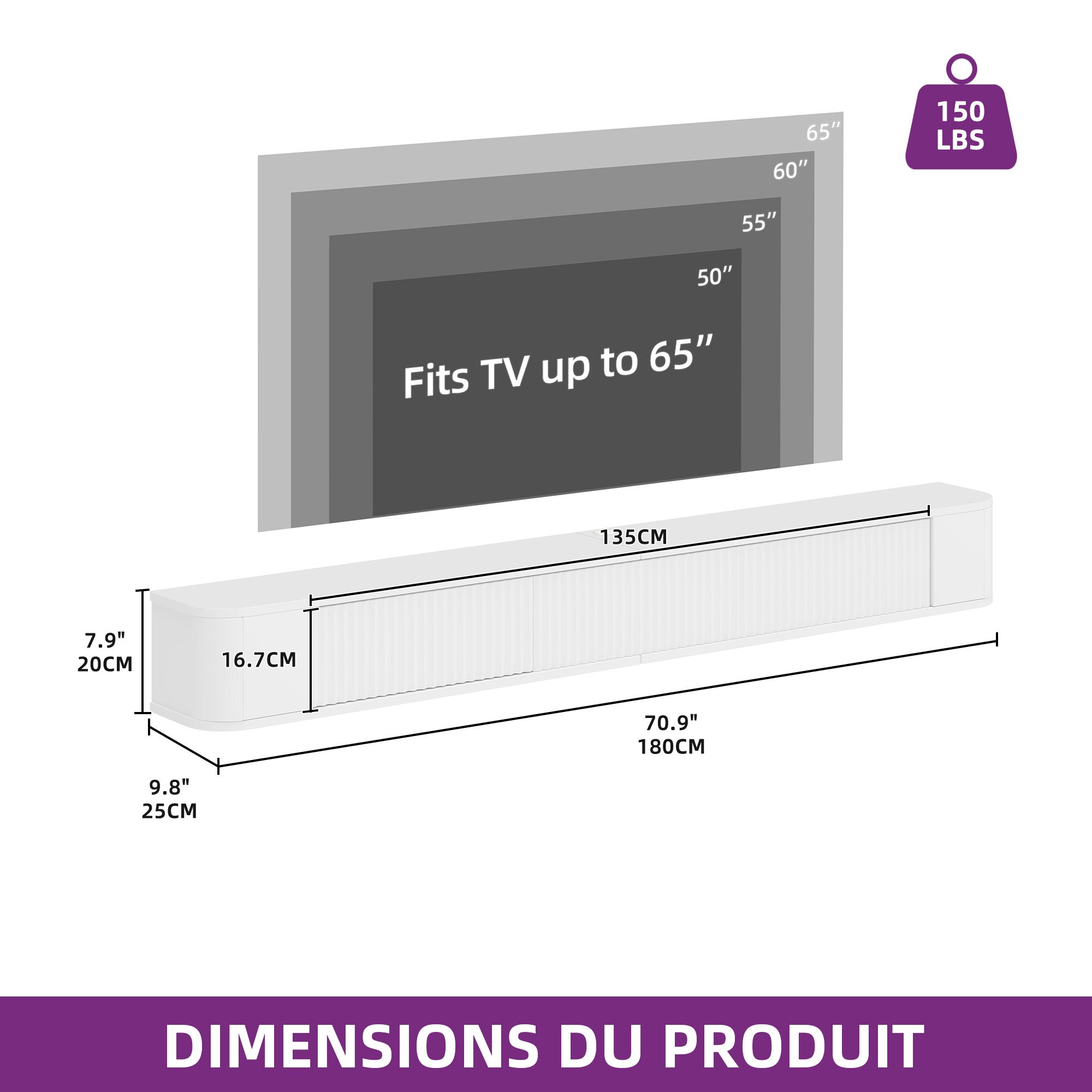 YITAHOME Meuble TV flottant 140 cm, étagères murales pour TV avec éclairage LED RGB, 180L × 25P × 20H cm, blanc haute brillance - 2