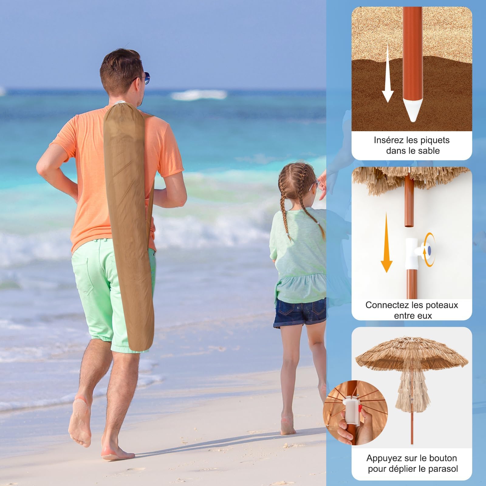 Guarda-sol de Jardin Ø175CM em Paille PE, Guarda-sol de Plage em Chaume Estilo Havaiano Inclinável 40° 8 Baleines Hauteur Réglable, Sac de Transport - 4