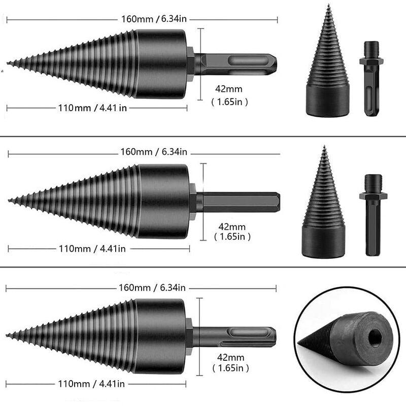 ZPYXBH Fendeuse Bois, Foret Fendeur De Buche, Fendeuse Bûches À Cône, Foret Conique Pour Fendre Du Bois, Perceuse Vis Cône Conducteur Avec 3 Poignées De Forage, Carré/Rond/Hexagonal,42mm