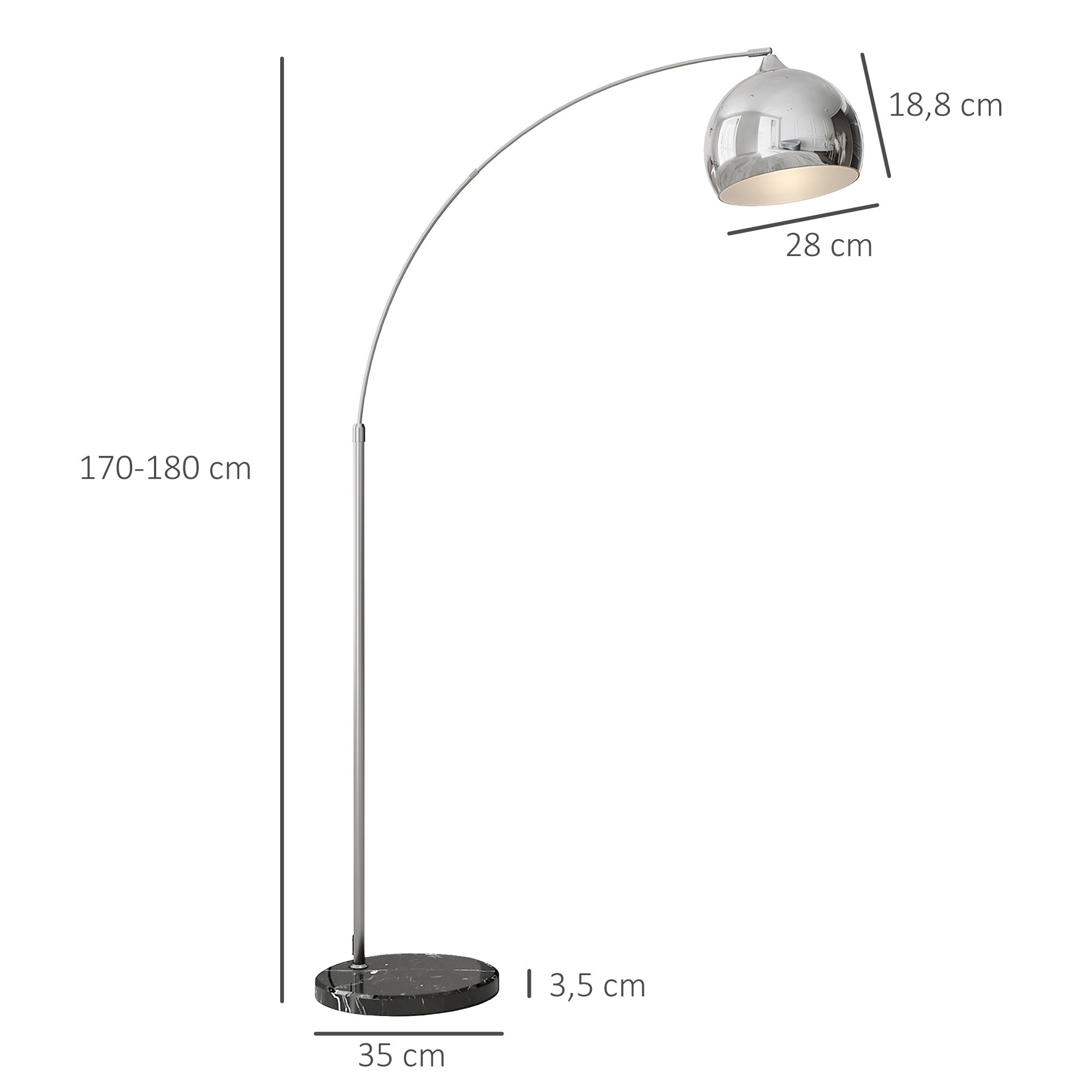 Lampadaire lampe de salon arc réglable pied marbre style vintage 40W E27 dim. 100-115L x 30l x 170-180H cm noir gris - 5