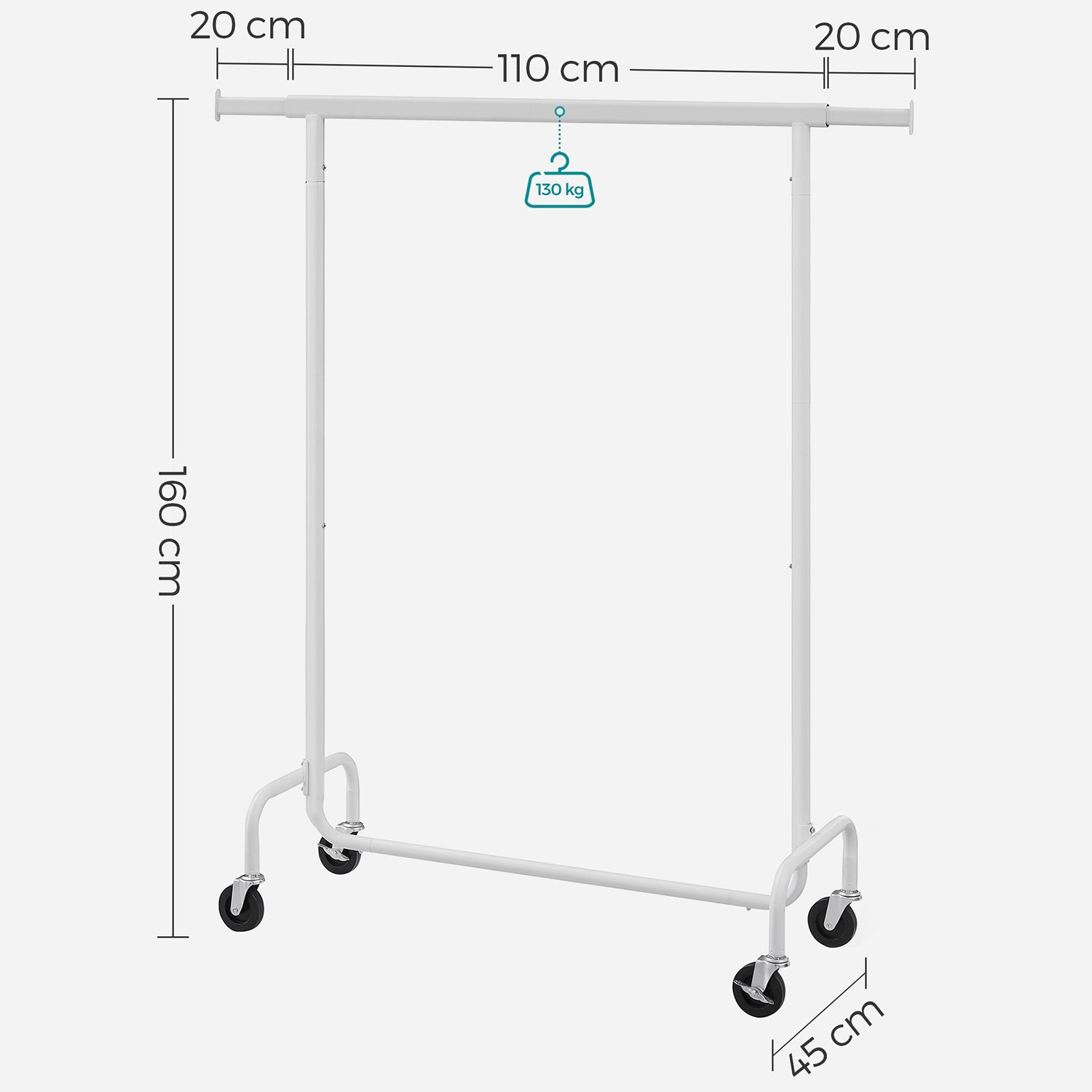 Portant à Vêtements avec Roulettes, Tringle Extensible pour Charge Lourde, Capacité de Charge 130kg, Porte-manteau pour Vêtements, en Métal, Blanc Mat - 8
