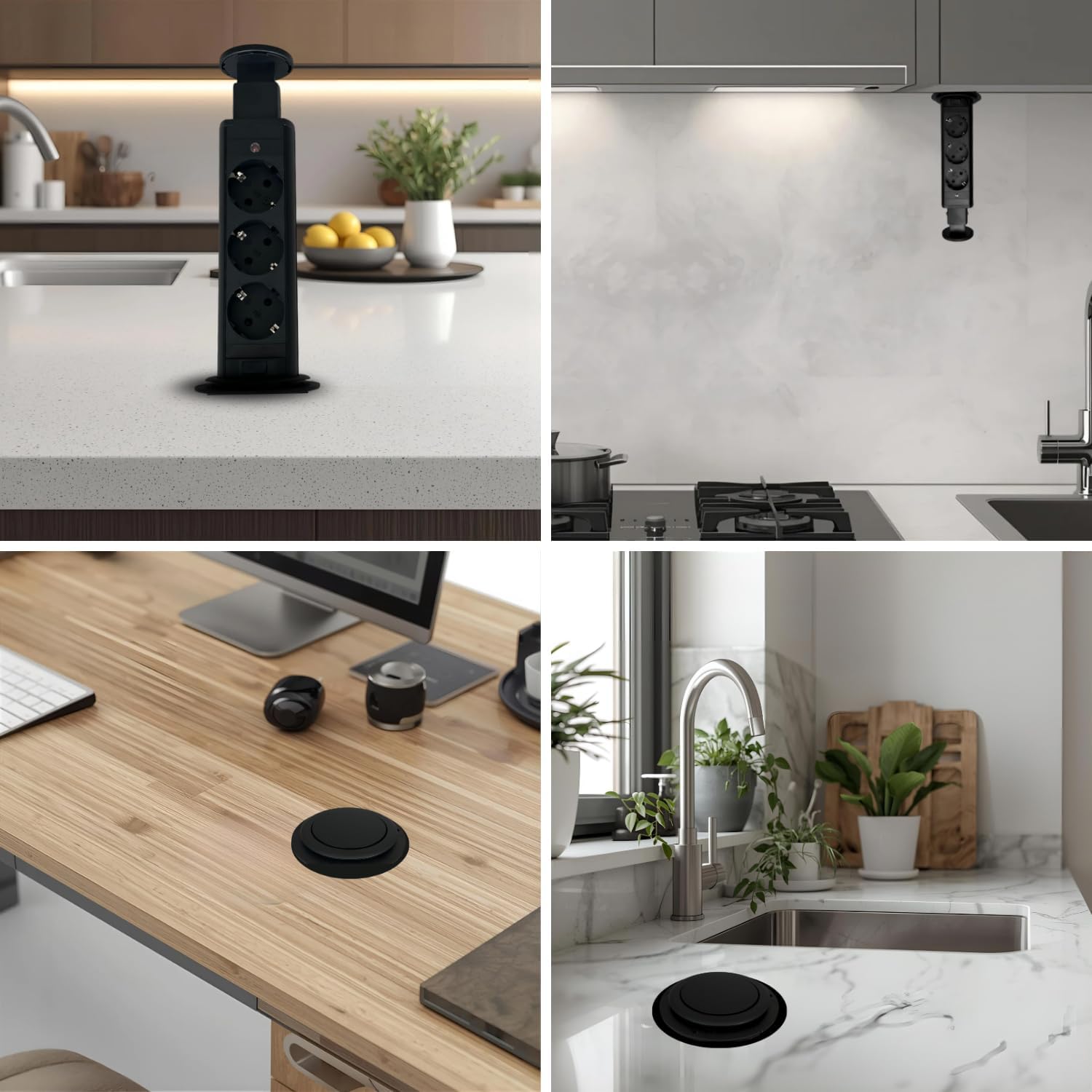 Multiprise Verticale Escamotable avec 3 Prises Schuko, Ouverture Push et Câble 1,8 m. Pour Bureau, Table, Cuisine et Bureau (Couleur Noir) - 5