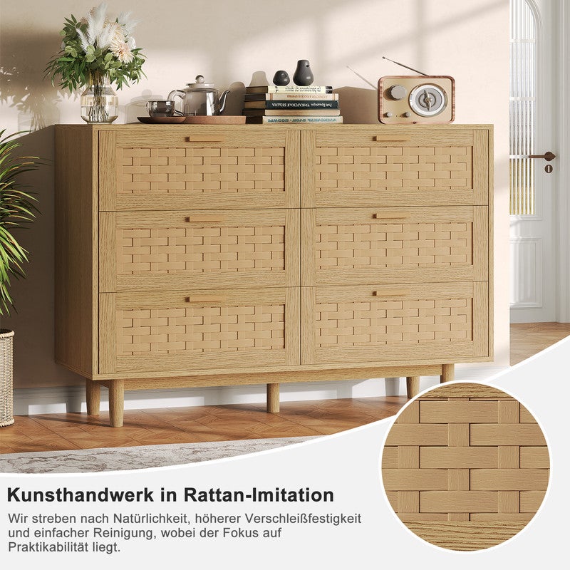 Buffet à 6 tiroirs, portes en PVC tissé, structure en bois, coloris chêne,Meuble, Meuble d'appoint, Meuble de rangement, Commode, 115 x 40 x 80 cm - 4