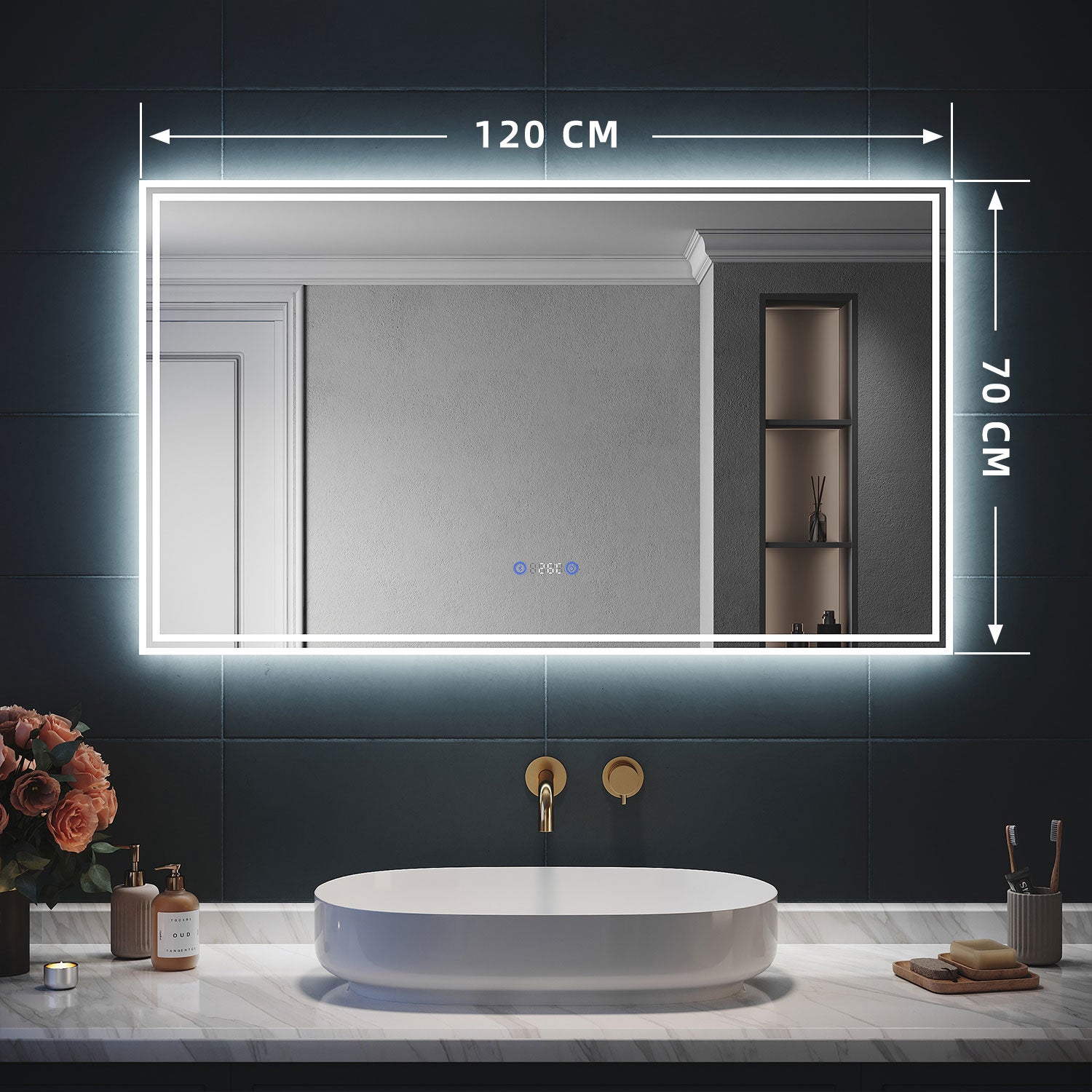 SIRHONA Miroir Lumineux Salle de Bain LED Eclairage Intégré, Fonction Bluetooth 5.0/Horloge/Anti-buée Horizontal 120x70cm Mirroir LED Rétro-éclairé - 6