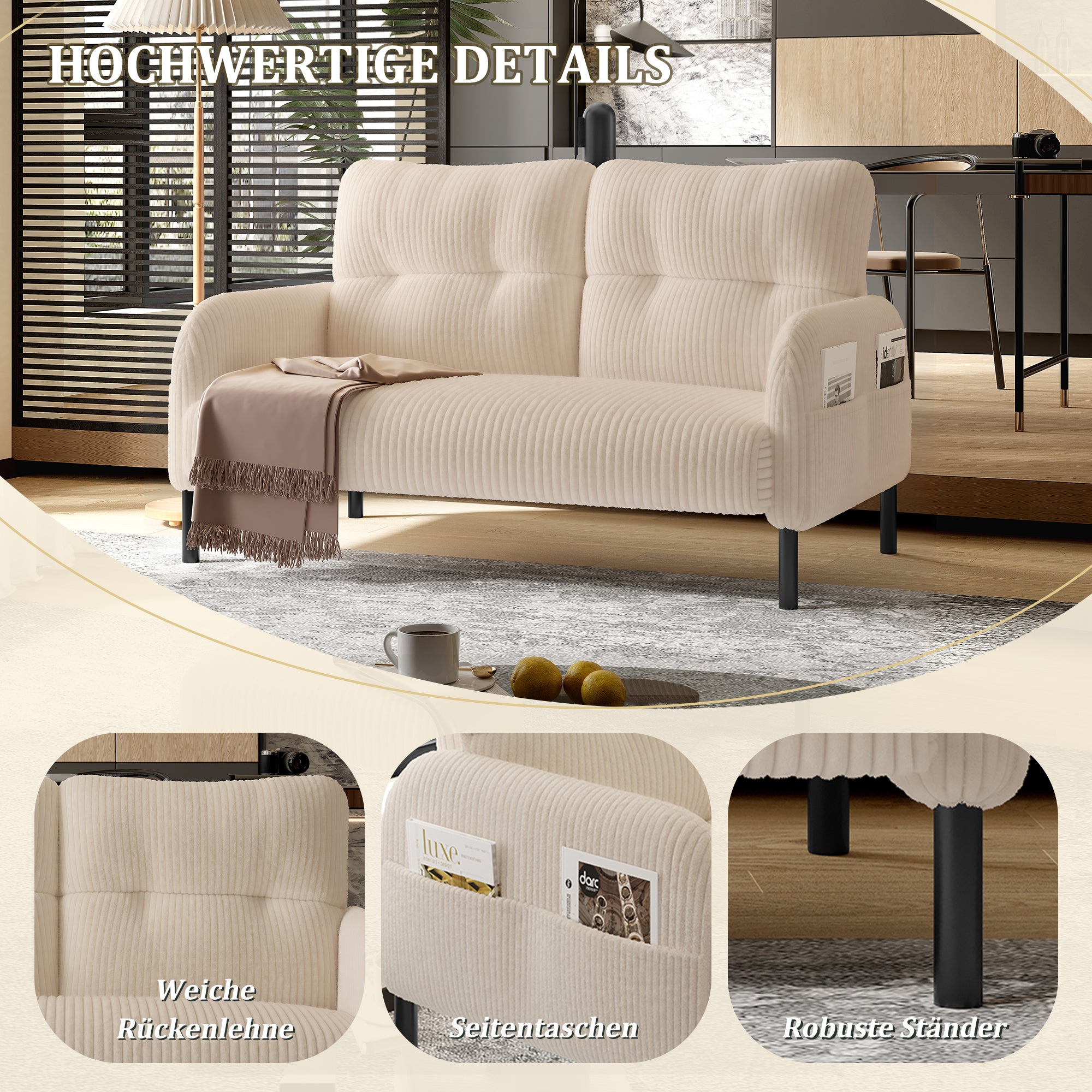 Canapé 2 places velours côtelé - Dossier haut pieds métal poches latérales pour salon/bureau - 5