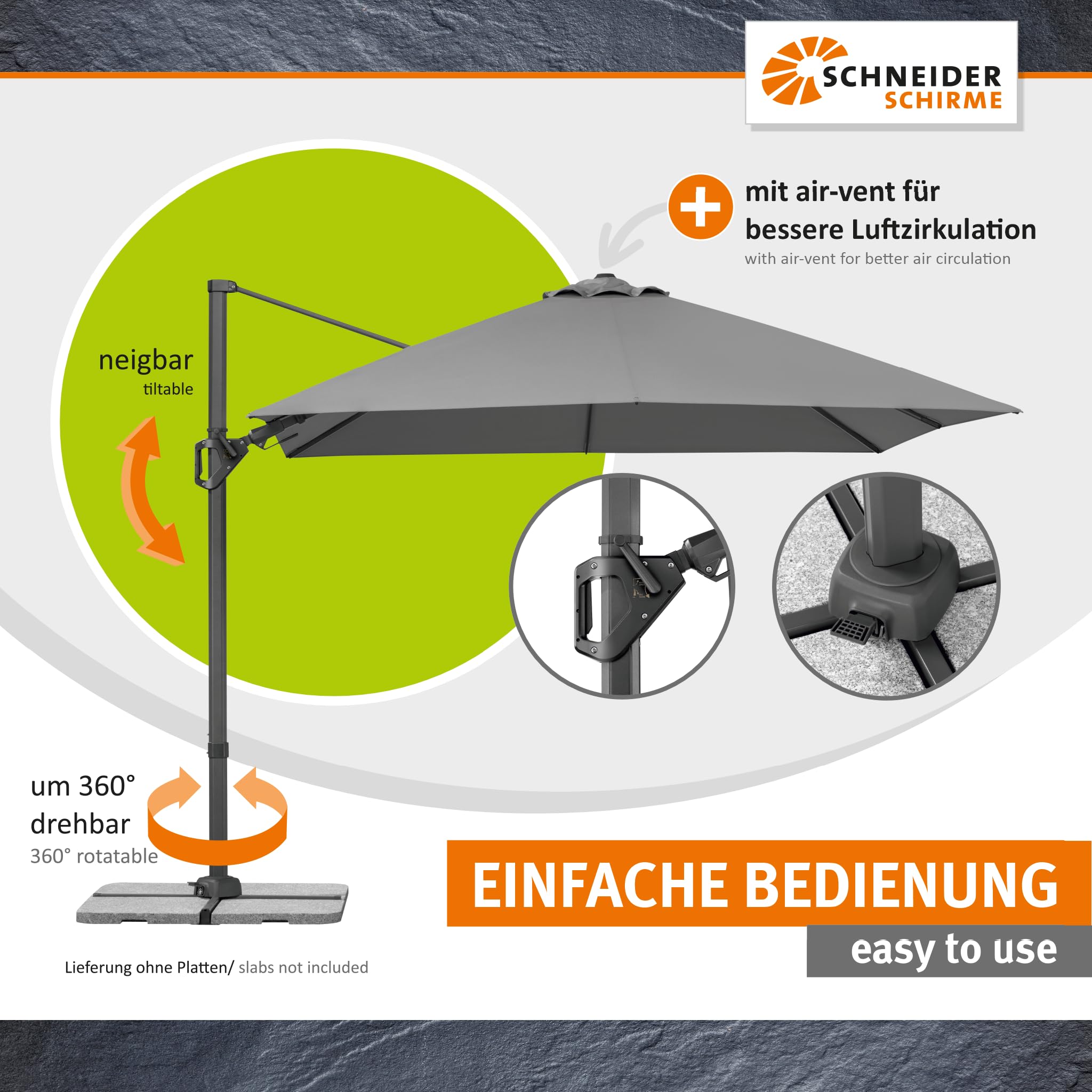 Parasol déporté Schneider Vivasol anthracite, 300 x 300 cm – rotatif 360°, inclinable, avec housse et support pour dalles - 4