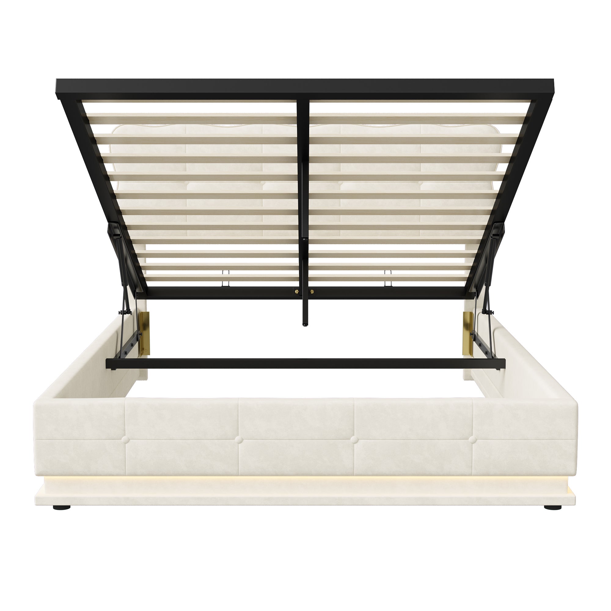 Lit coffre adulte 140x190 avec sommier, velours, LED Éclairage, structure métal, grand espace rangement, lit double, style scandinave - Beige - 8
