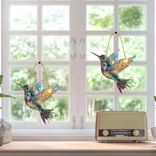 Miroir à deux fenêtres captant la lumière du soleil, décoration de fenêtre peinte colibri, ornement colibri en acrylique, 20*20cm (chaîne incluse). - 7