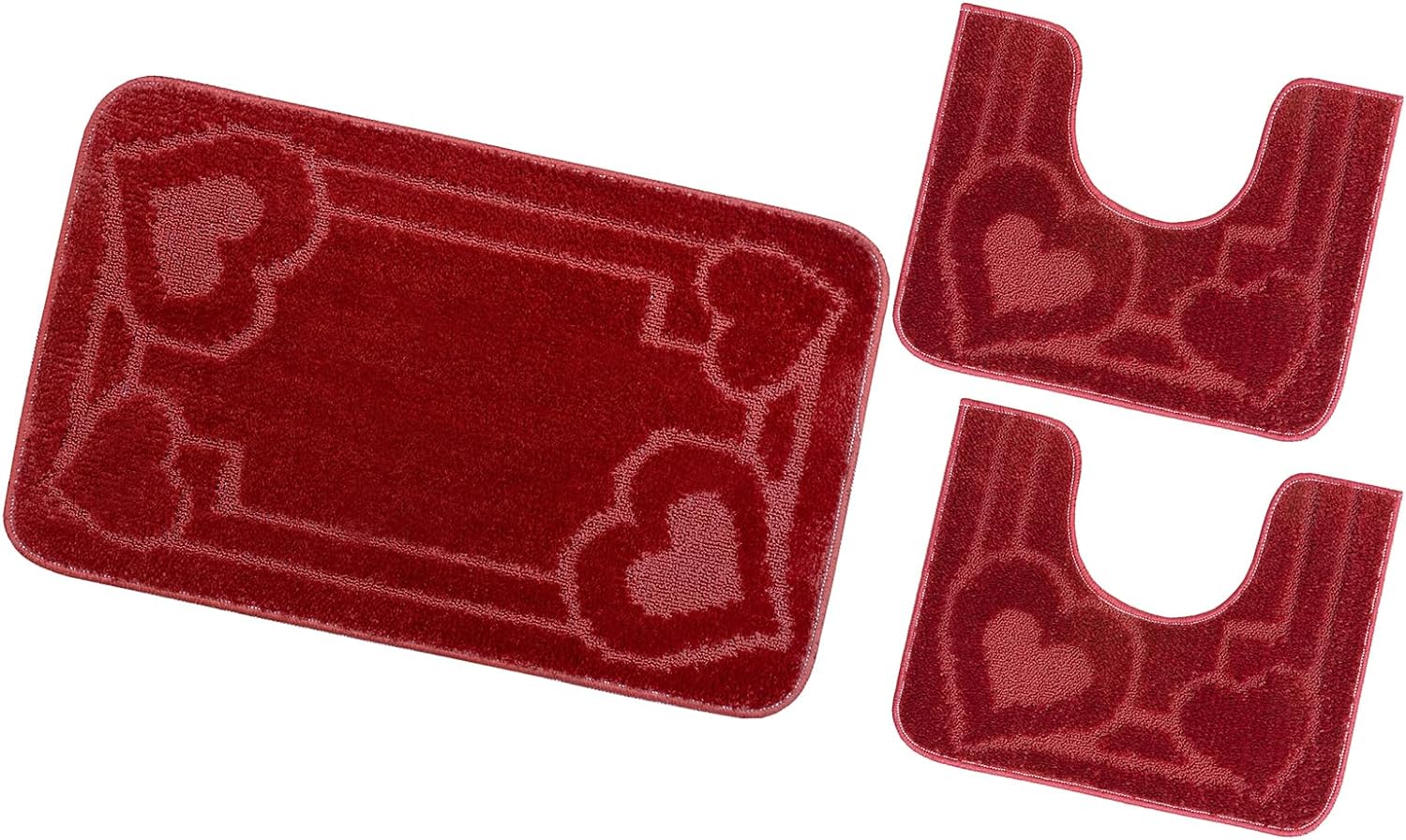 Juego de 3 alfombrillas de baño para inodoro lavabo moderna suave antideslizante absorbente color sólido corazón rojo