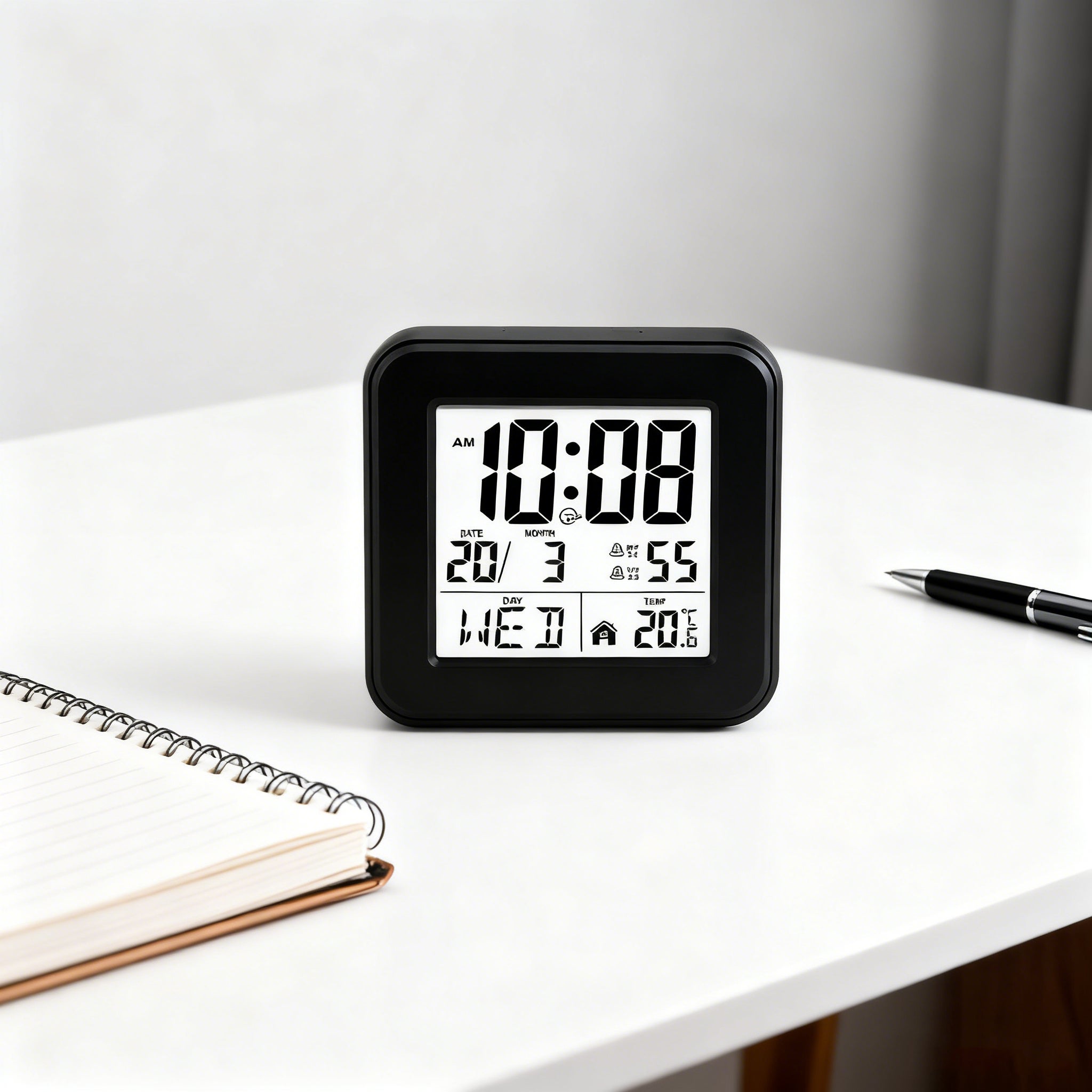 Set 2 sveglie LCD digitali nere con doppia allarme, temperatura interna, data e snooze alimentate a batteria per casa e ambienti lavoro - 2