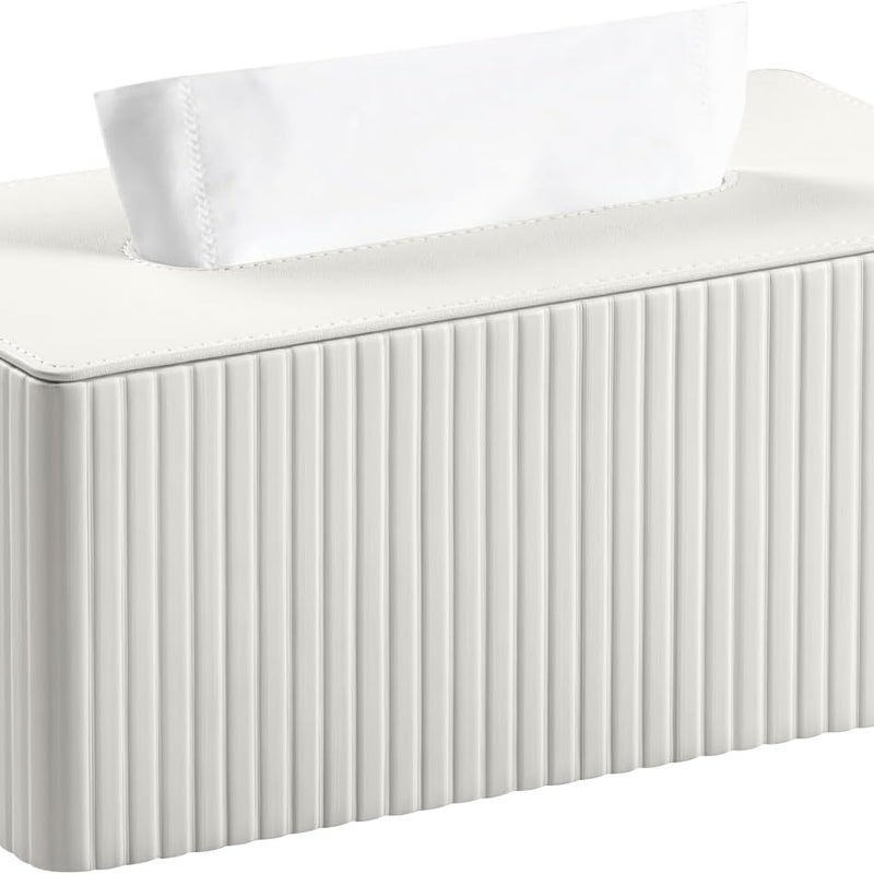 Pokrowiec na pudełko chusteczek ze skóry w paski do łazienki, sypialni, salonu, biura - 1 sztuka, biały, 25 × 13,5 × 11 cm