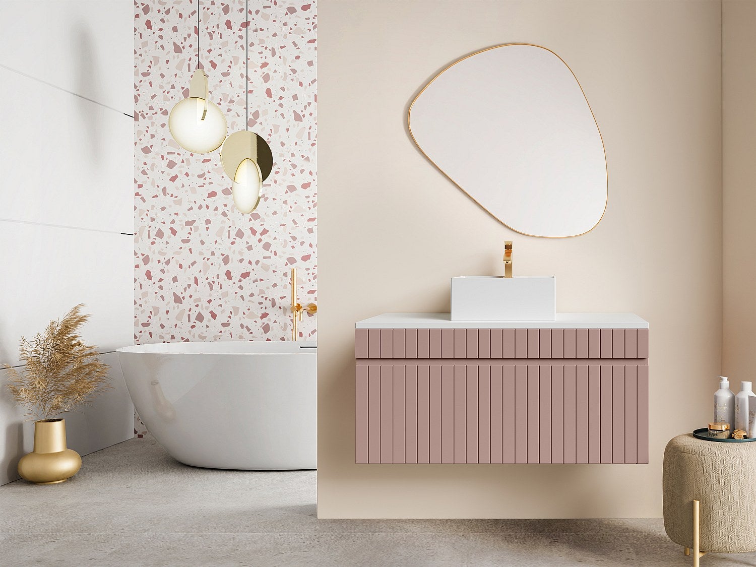 Szafka pod umywalkę wisząca ryflowana różowa z blatem - 100 cm - SATARA